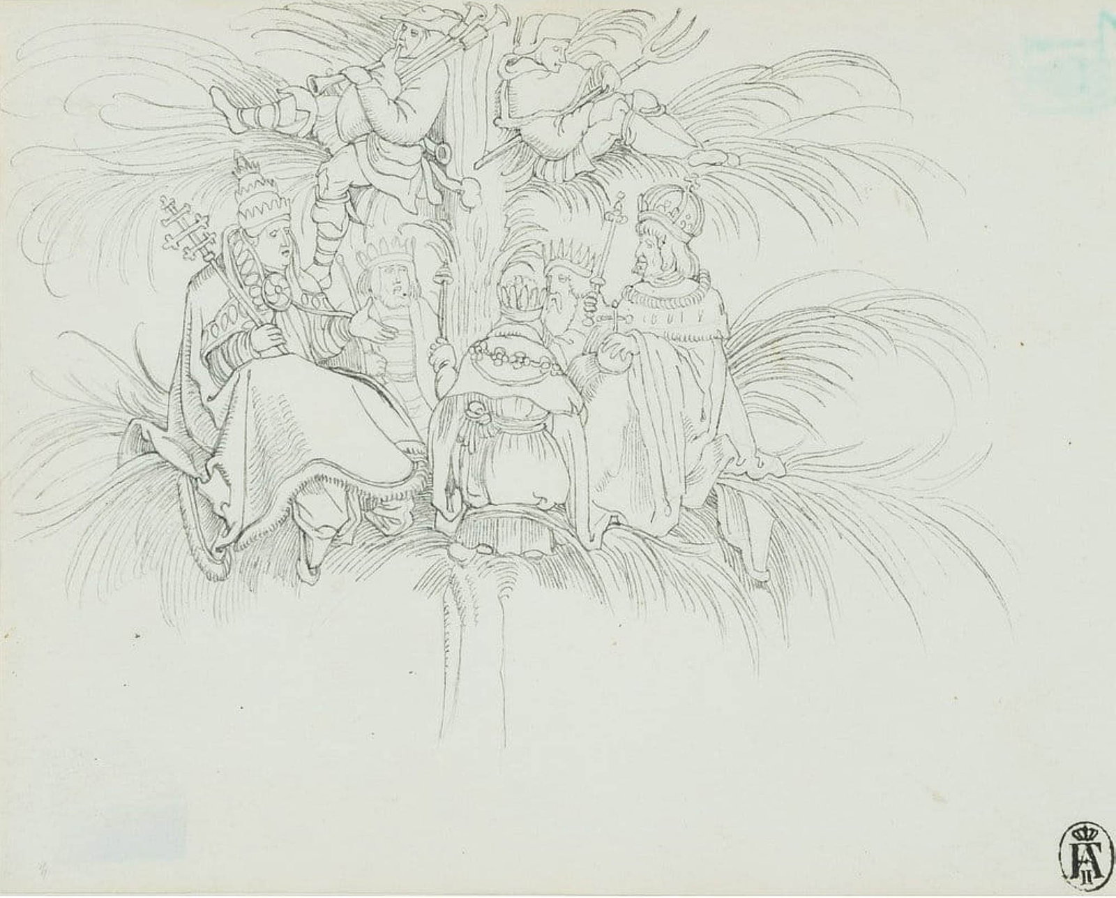 G. NAEKE (1786-1835), Caricature, the Pope and Kings in a Tree, Pen drawing: Gustav Heinrich Naeke (1786 Frauenstein (Saxony) - 1835 Dresden): Caricature, Pope and kings sitting in a treetop, 19th century, Pen drawing Technique: Pen drawing on Paper Stamp: Collector's stamp, L