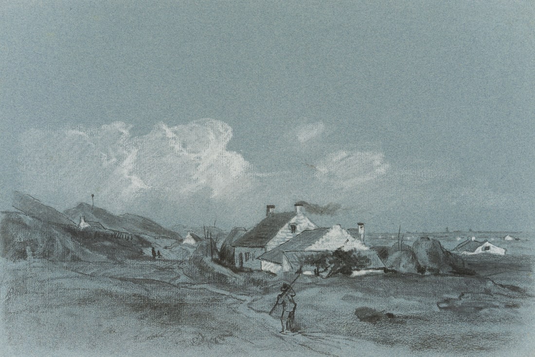 E. NAUMANN (*1842), Fishing village on the Baltic Sea, Chalk (1 of 6)