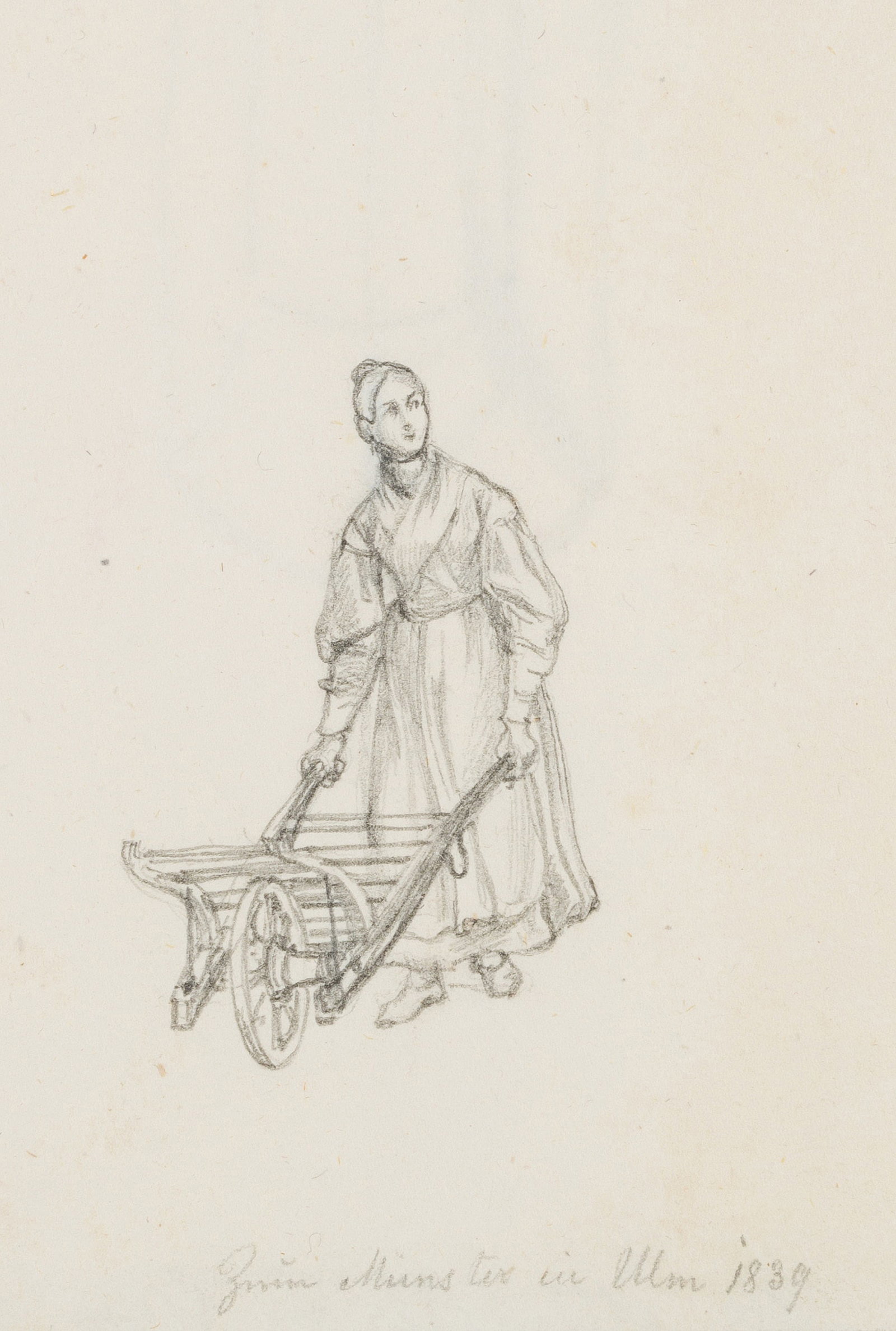 M. NEHER (1798-1876), Woman with a wheelbarrow, 1839, Pencil: Michael Neher (1798 Munich - 1876 ibid.): Woman in apron dress with wheelbarrow, 1839, Pencil Technique: Pencil on Paper Inscription: Lower middle inscribed by the artist's hand: "Zum Münster in 