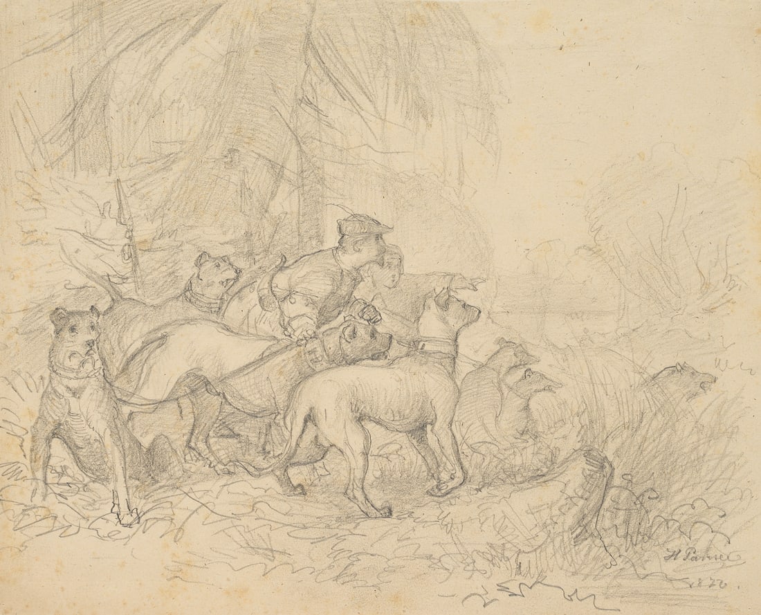 H. PANSEE (*1840), Dog handler with a pack, 1870, Pencil (1 of 5)