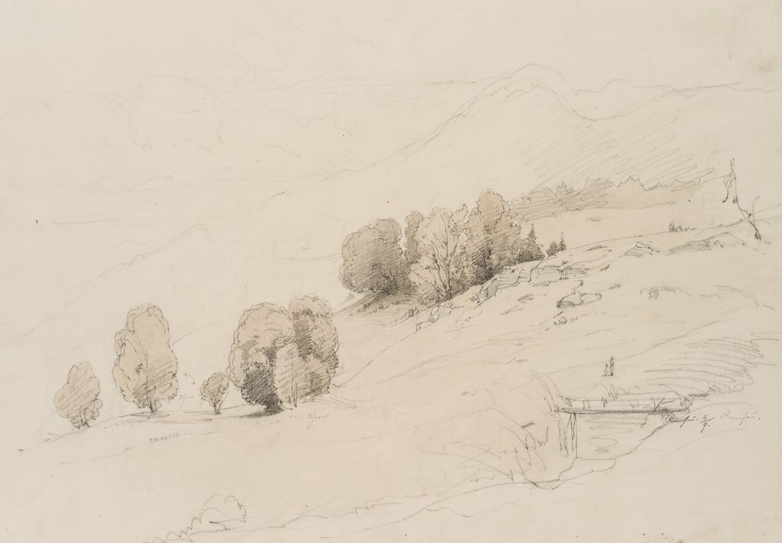 E. PEITHNER VON LICHTENFELS (*1833), Hilly landscape with trees, 1856, Pencil: Eduard Peithner von Lichtenfels (1833 Vienna - 1913 Berlin): Hilly landscape with trees, 1856, Pencil Technique: Washed Pencil on Paper, mounted on Cardboard Date: 1856 Description: The Austrian paint