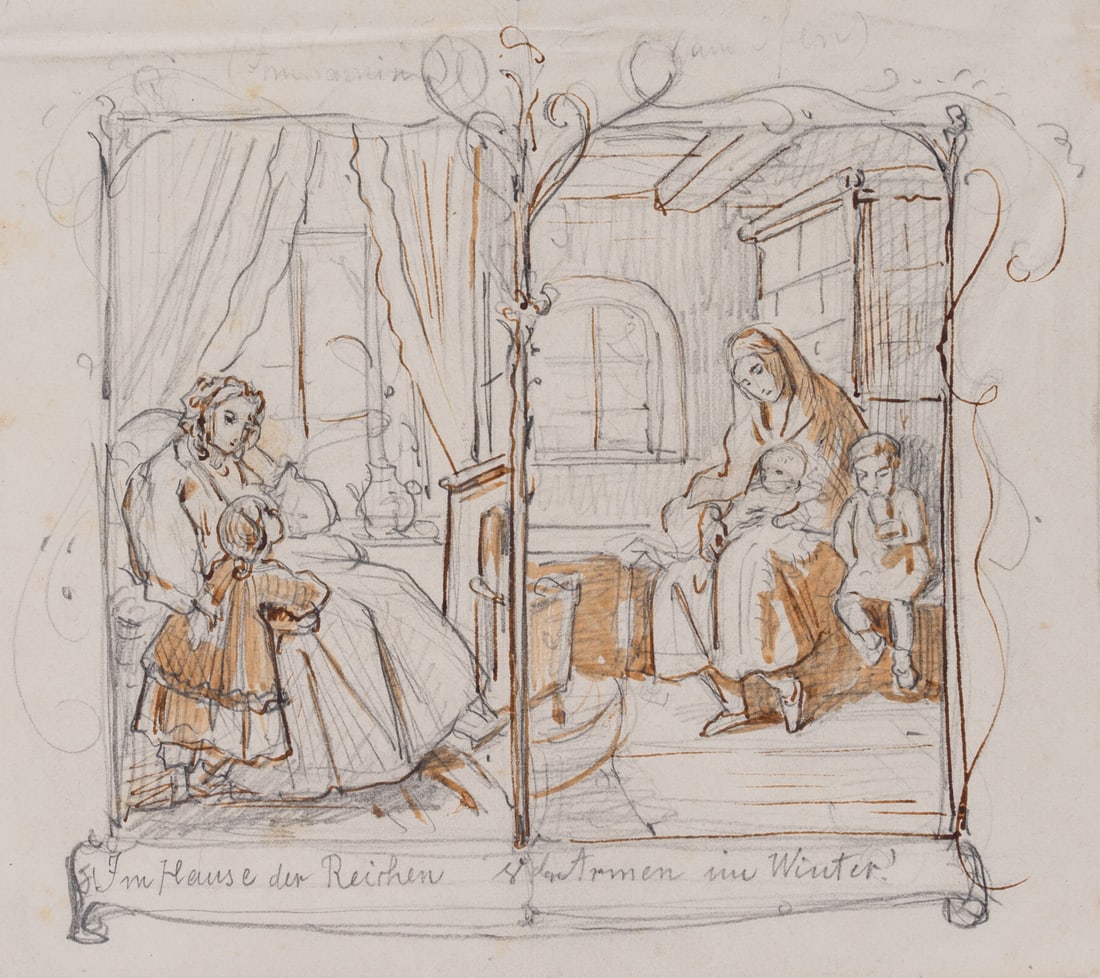O. PLETSCH (1830-1888), The Rich and the Poor in Winter, Indian ink: Oskar Pletsch (1830 Berlin - 1888 Niederlößnitz (Dresden)): In the House of the Rich and Poor in Winter, interior scene, illustration for a picture book or calendar page, 19th century, India