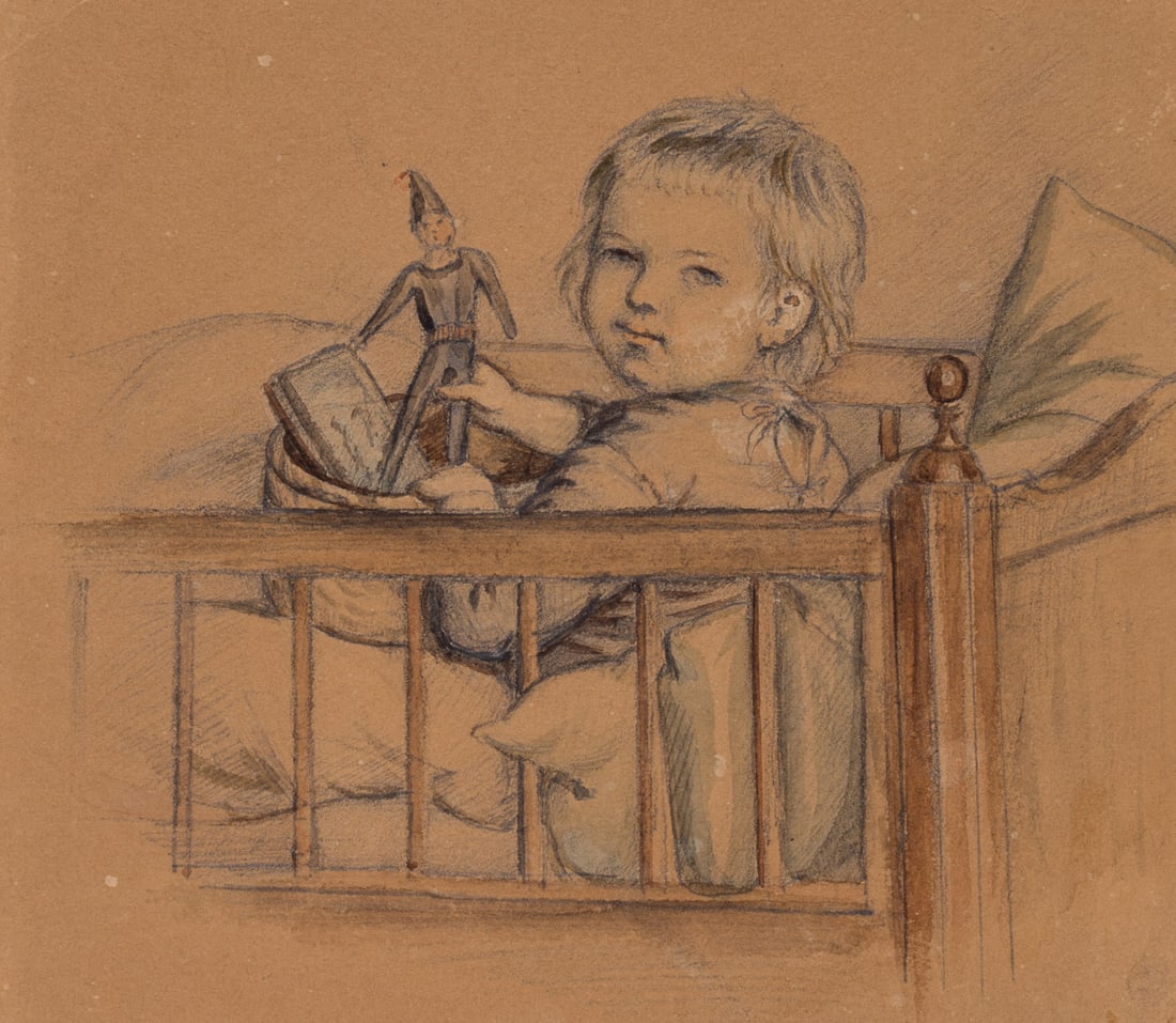 O. PLETSCH (1830-1888), Girl with a doll in a cot, around 1870, Pencil (1 of 4)