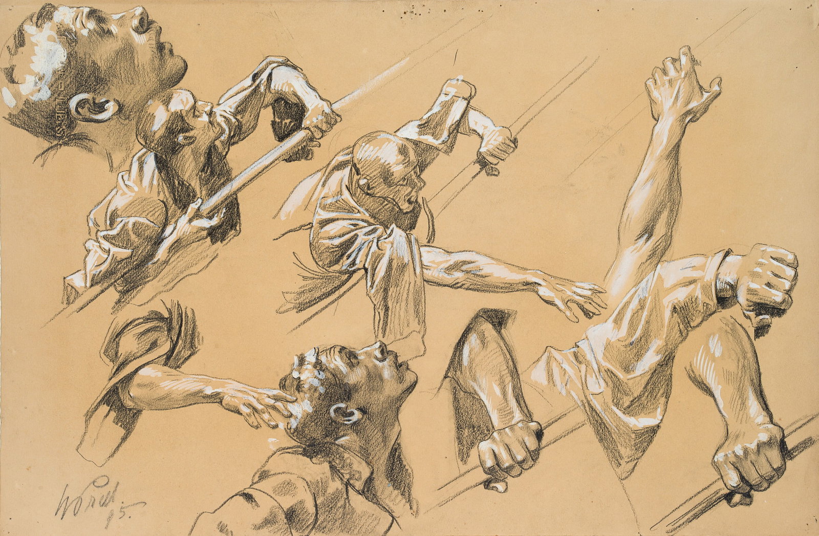 H. PRELL (1854-1922), Studies for a Battle Scene, 1895, Charcoal (1 of 5)