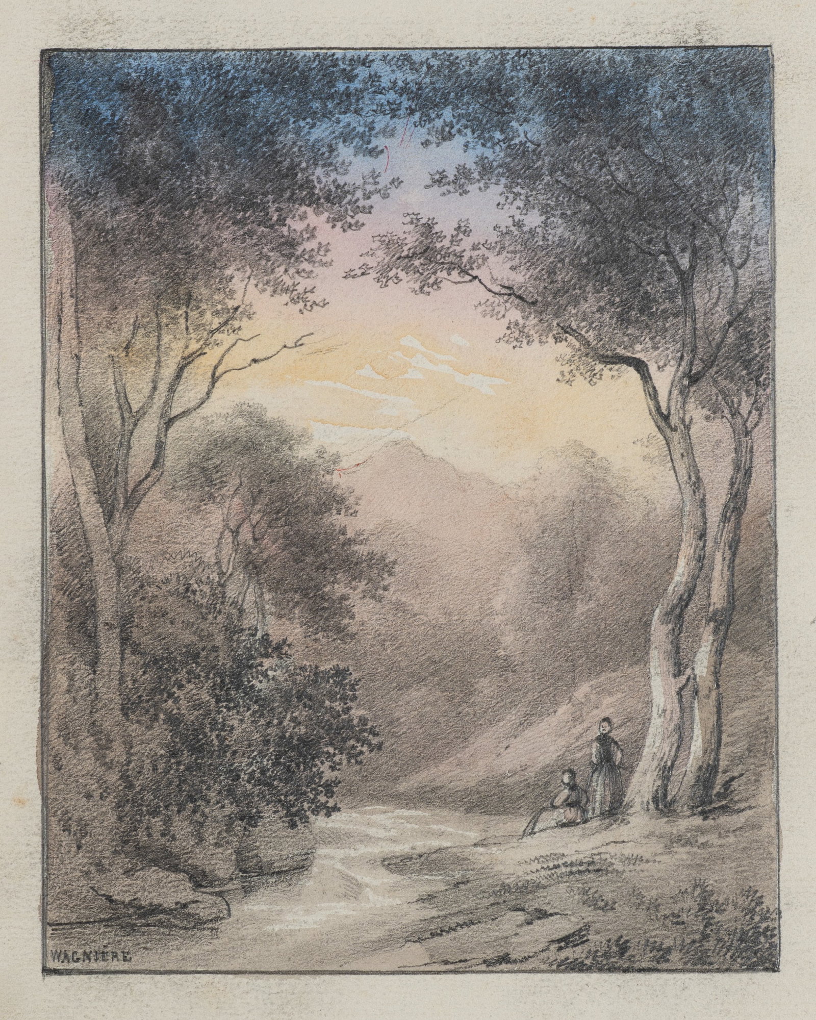 M. PURY (1850-1928) attributed, Evening scene in the woods, Pencil: Mathilde Pury (around 1850 Florence - 1928 Clarens) attributed: Evening forest scenery Two people in an evening forest landscape at sunset, 19th century, Pencil Technique: Watercolored Pencil on Paper
