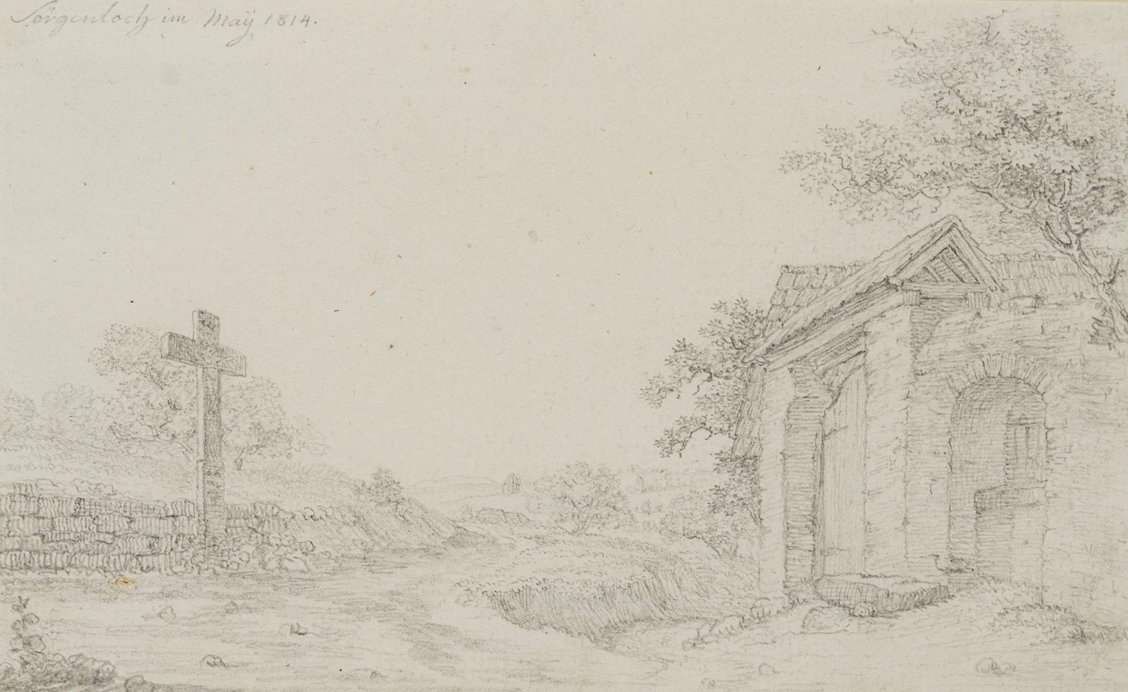 F. REINERMANN (*1764), Sörgenloch, near Mainz, Pencil: Friedrich Christian Reinermann (1764 Wetzlar - 1835 Frankfurt on the Main): Cross and manor wall near Sörgenloch near Mainz, 19th century, Pencil Technique: Pencil on Paper Inscription: Verso ins