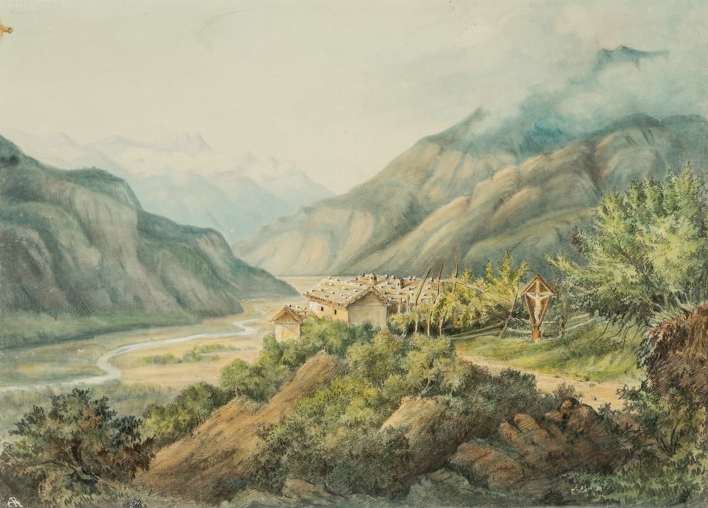 C. REMY (19th), Alpine river valley with a farmstead, Watercolor: C.A. Remy (19th century): View of an alpine river valley with farmstead, 19th century, Watercolor Technique: Watercolor over Pencil on Paper Stamp: Blank stamp, Mr Pottin Nantes. Nantes Inscription: A