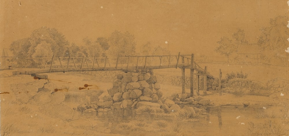 F. ROHDE (1816-1886) attributed, Footbridge and stream, around 1840, Pencil: Frederik Rohde (1816 Copenhagen - 1886 ibid.) attributed: Footbridge over a narrow stream, c. 1840, Pencil Technique: Pencil on Transparent paper, mounted on Cardboard Inscription: lower left monogram