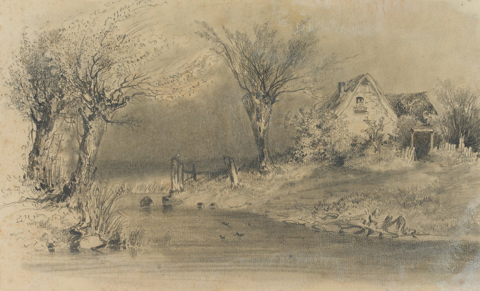 M. SAVIGNY (1831-1905), House by the pond with willow trees, Pencil: Marie von Savigny (1831 Boitzenburg - 1905 ): House by the pond with willow trees, 19th century, Pencil Technique: White heightened Pencil on Paper, mounted on Cardboard Date: 19th century Description
