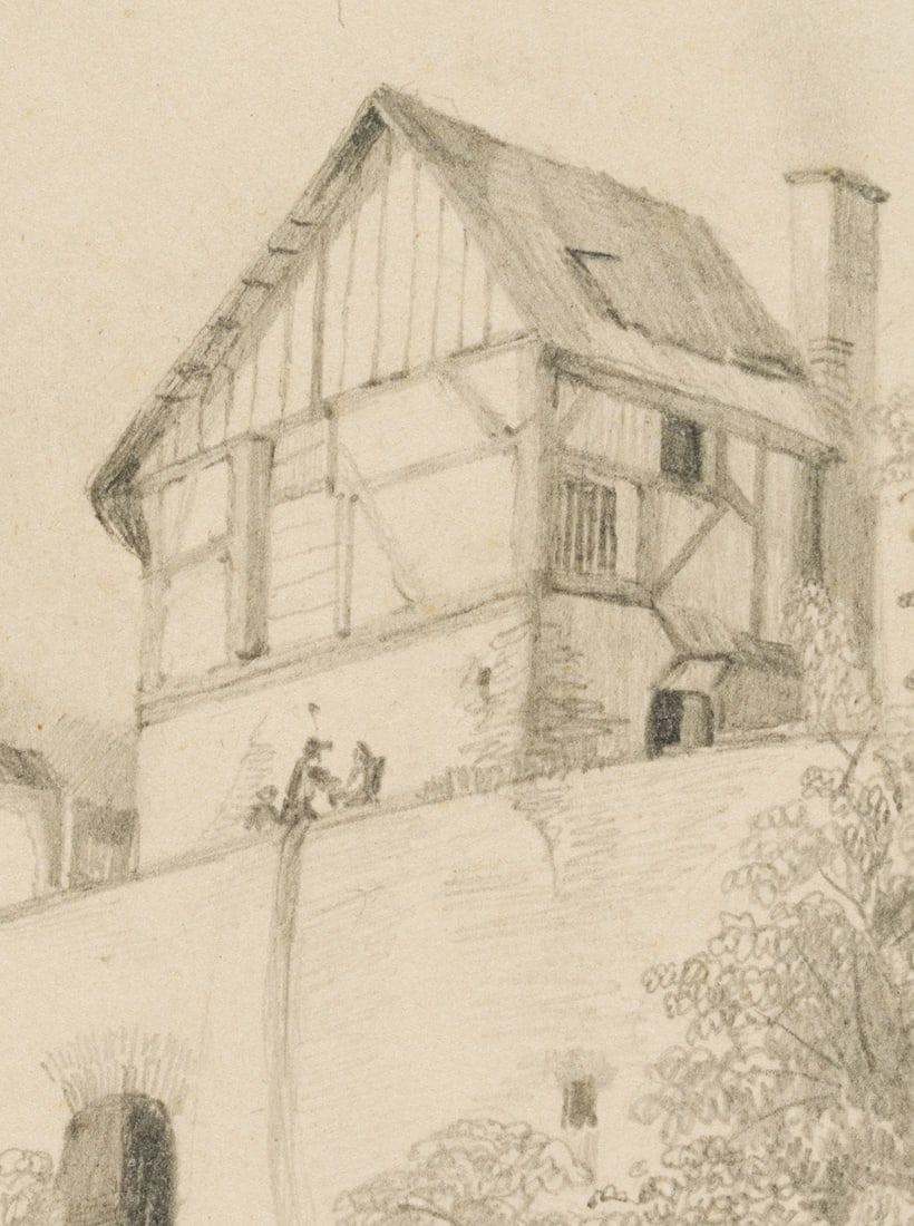 M. SAVIGNY (1831-1905), A house by the water with a castle in the distance, 1844, Pencil: Marie von Savigny (1831 Boitzenburg - 1905 ): House on the water with distant castle, 1844, Pencil Technique: Pencil on Paper Inscription: Inscribed and dated in black ink lower right: "Marie 44." Dat