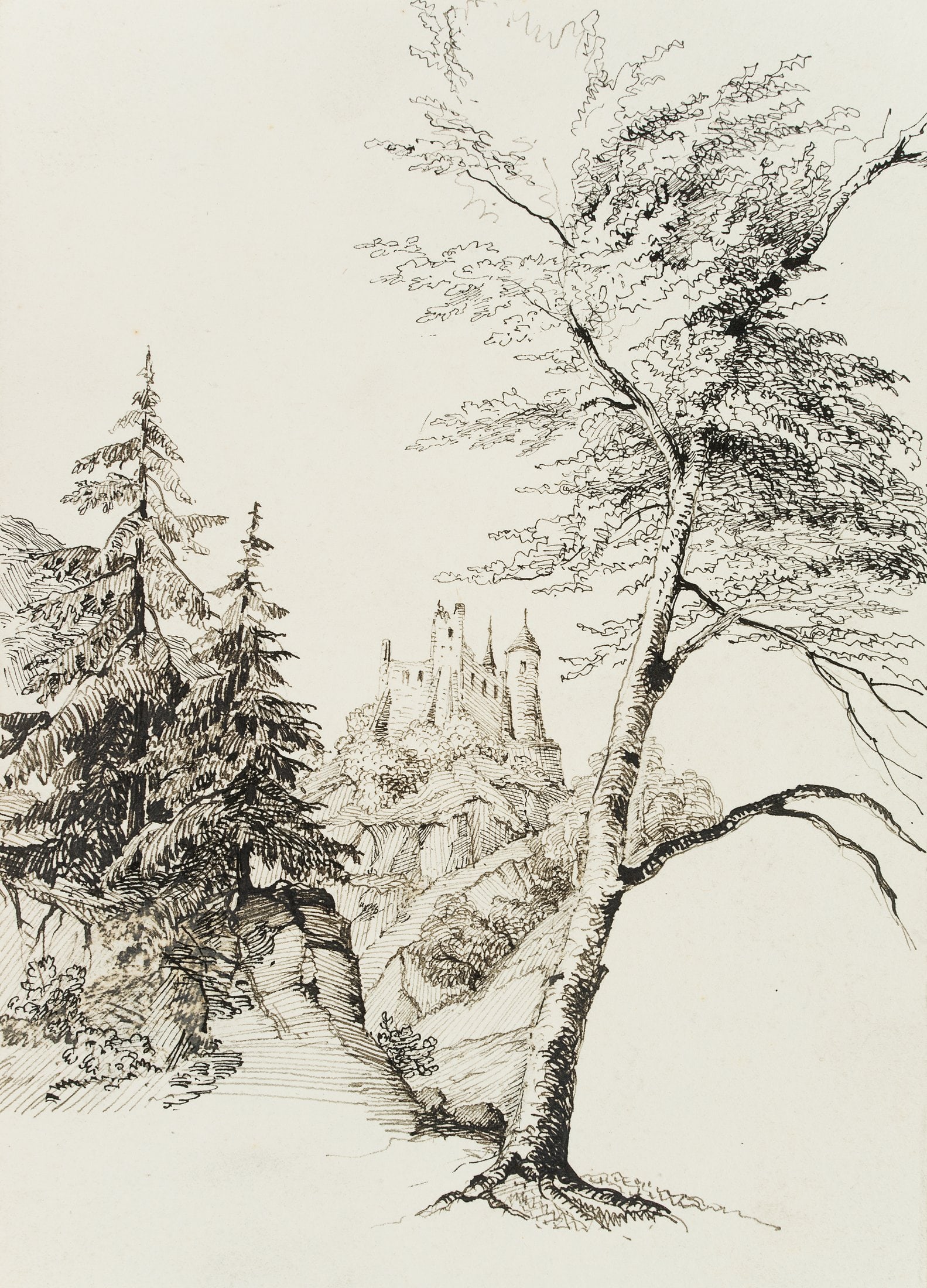 M. SAVIGNY (1831-1905), A romantic castle perched on a rock in the woods, Pen drawing: Marie von Savigny (1831 Boitzenburg - 1905 ): Romantic castle on a rock in the forest, 19th century, Pen drawing Technique: Pen drawing on Paper Date: 19th century Description: Freda Sophie Karoline M