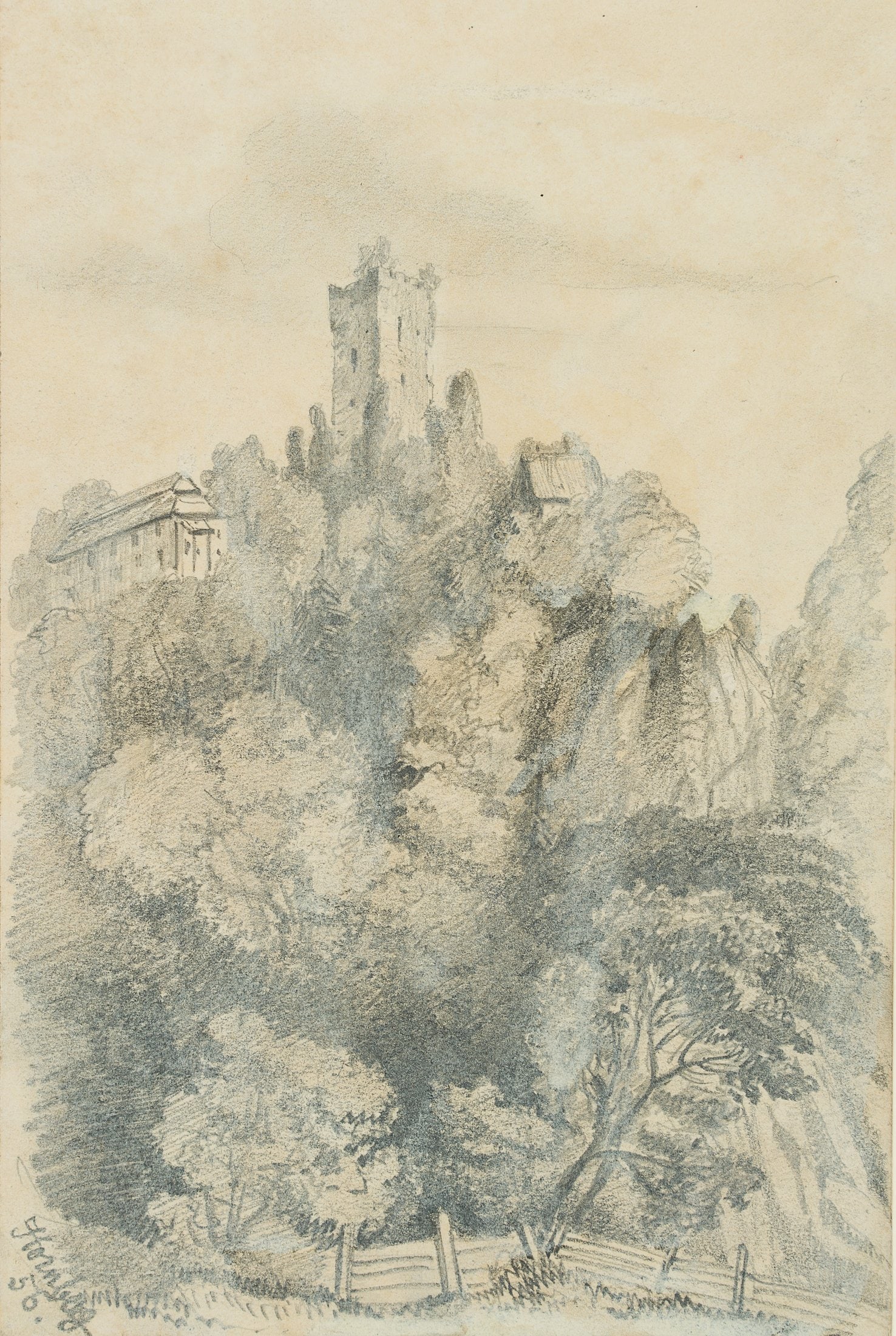 M. SAVIGNY (1831-1905), Hornberg Castle in the Black Forest, 1856, Pencil: Marie von Savigny (1831 Boitzenburg - 1905 ): Hornberg Castle perched on a rock in the Black Forest, 1856, Pencil Technique: Pencil on Paper Inscription: inscribed and dated lower left: "Hornberg 56" 