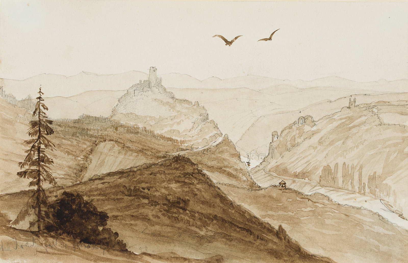 M. SAVIGNY (1831-1905), The Siebengebirge mountains with Drachenfels Castle, 1858, Watercolor (1 of 5)