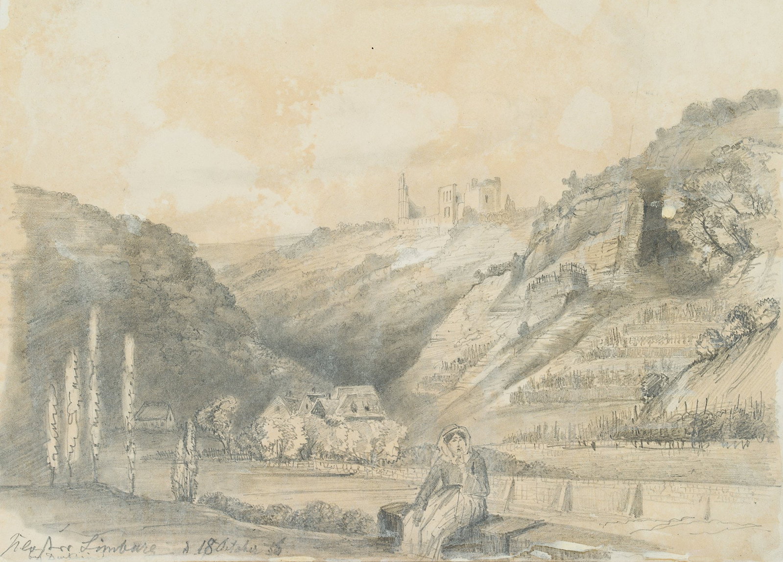 M. SAVIGNY (1831-1905), Vineyard terraces on the Isenach, 1856, Pencil: Marie von Savigny (1831 Boitzenburg - 1905 ): Fairytale view of the vineyard terraces on the Isenach below the ruins of Limburg Abbey, 1856, Pencil Technique: Pencil on Paper, mounted on Paper Inscrip
