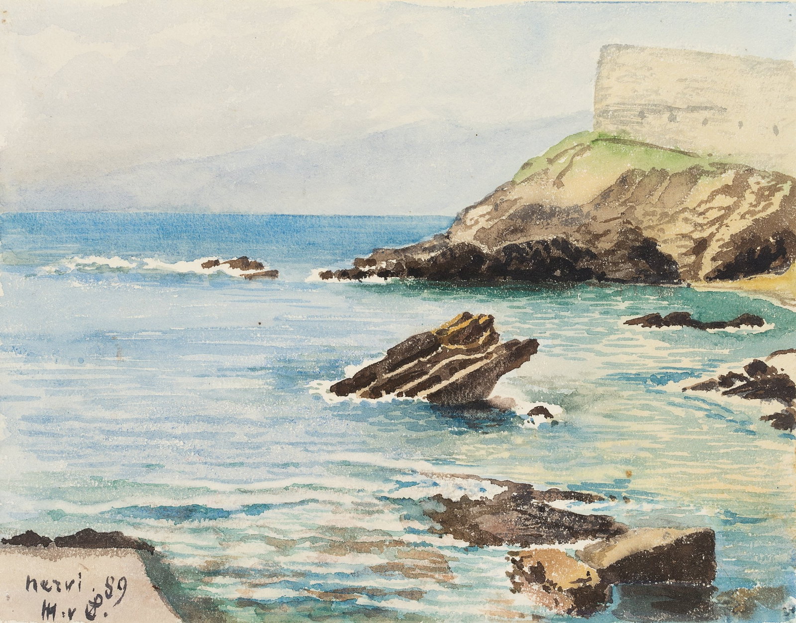 M. SAVIGNY (1831-1905), Rocky Mediterranean coastline near Nervi, 1889, Watercolor: Marie von Savigny (1831 Boitzenburg - 1905 ): Rocky Mediterranean coastline near Nervi, 1889, Watercolor Technique: Watercolor on Paper Inscription: At the lower part signed: "Nervi 89 M. v. S.". Date