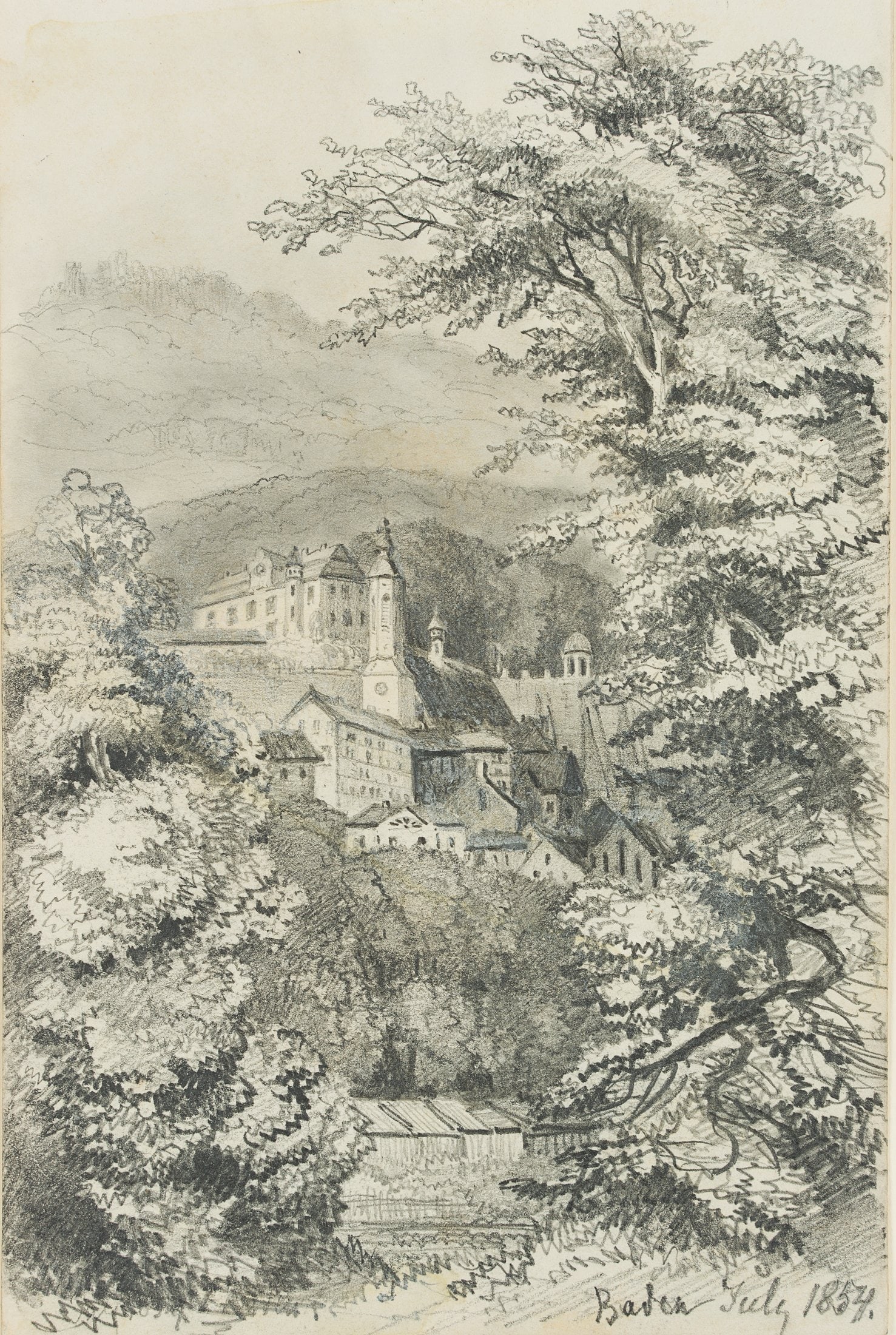 M. SAVIGNY (1831-1905), Old Town of Baden-Baden, 1854, Pencil: Marie von Savigny (1831 Boitzenburg - 1905 ): View of the collegiate church and old town of Baden-Baden, 1854, Pencil Technique: Pencil on Paper Inscription: Inscribed and dated lower right: "Baden Ju