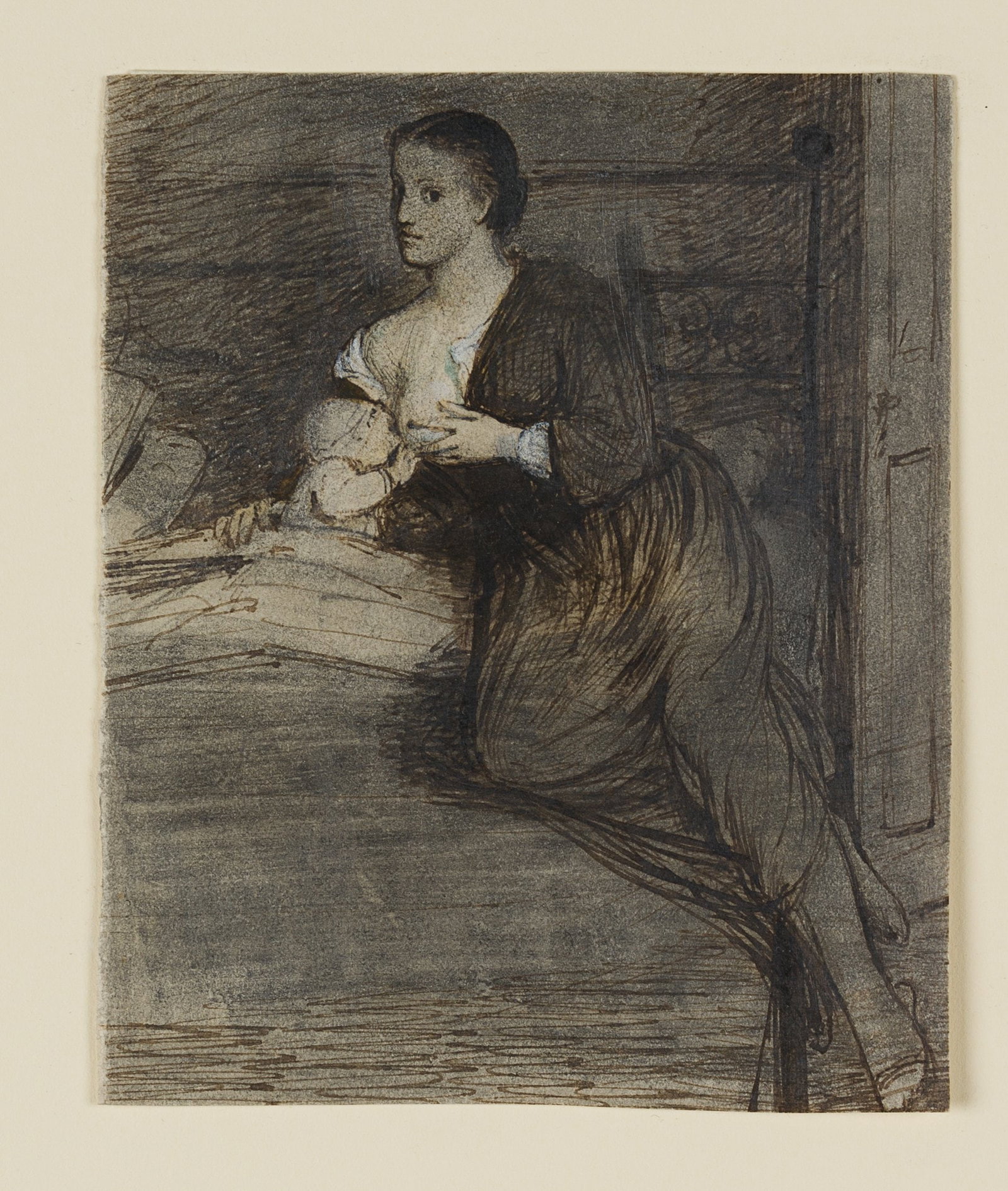 R. SCHICK (1840-1887), A woman who is breastfeeding, around 1870, Indian ink: Rudolf Schick (1840 Berlin - 1887 ibid.): A woman who is breastfeeding, c. 1870, Indian ink Technique: Indian ink and Pen drawing on Paper Inscription: Verso inscribed by another person: "Rudolf Schic