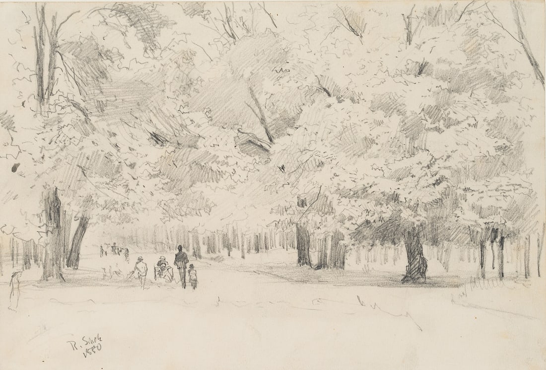 R. SCHOLZ (1860-1938), People out for a stroll, 1880, Pencil: Richard Scholz (1860 Hannover - around 1938 Munichunkn.): Strolling citizens on an avenue street, 1880, Pencil Technique: Pencil on Paper Stamp: Verso Collector's stamp, Georg und Dr. F. Wilhelm Denze