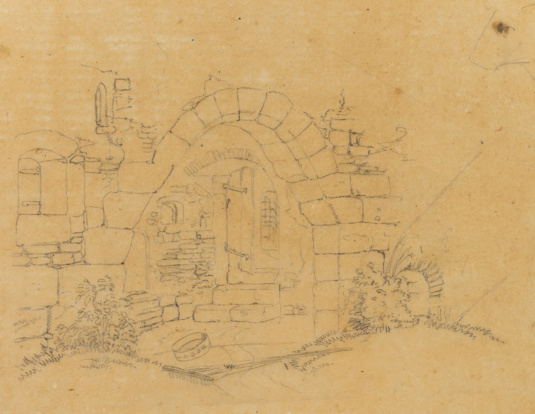 M. SCHWIND (1804-1871) Circle, A romantic ruin with farming tools, around 1840, Pencil (1 of 4)