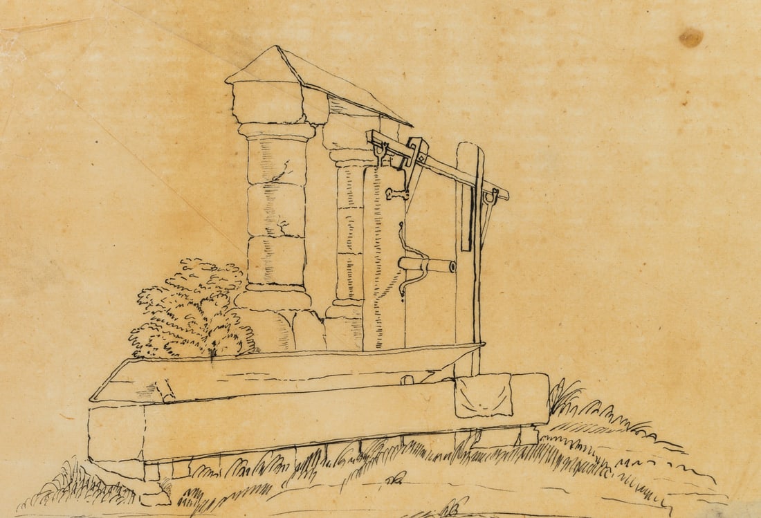 M. SCHWIND (1804-1871) Circle, Wells and cattle troughs, around 1840, Pen drawing: Moritz von Schwind (1804 Vienna - 1871 Munich) Circle: Wells and cattle troughs, c. 1840, Pen drawing Technique: Pen drawing on Transparent paper Date: c. 1840 Description: Study sheet by an anonymous