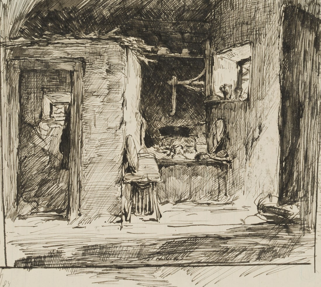 J. SQUINDO (*1857), The interior of an alpine dairy, Indian ink: Joseph Emil Squindo (born 1857 Nördlingen): The interior of an alpine dairy, 19th century, Indian ink Technique: Indian ink on Paper Stamp: Collector's stamp, Georg und Dr. F. Wilhelm Denzel. Mun