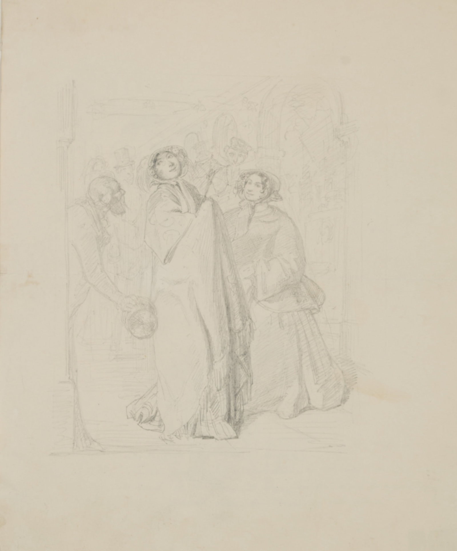 K. STAUBER (1815-1902), Two ladies at a party, 1851, Pencil: Karl Stauber (1815 - 1902 ): Two ladies leaving a party, 1851, Pencil Technique: Pencil on Paper, mounted on Paper Inscription: Lower right inscribed on the support: "STauber, Carl München 1815-1