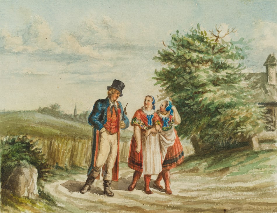 G. STEIN (19th), Edelmann meets two girls, Watercolor: G. Stein (19th century): Nobleman meets two girls in traditional dresses, 19th century, Watercolor Technique: Watercolor on Paper, mounted on Paper Inscription: Signed "G.St." in pencil lower right on