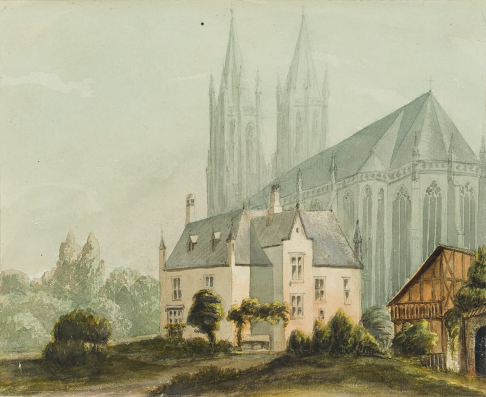 G. STEIN (19th), Wiesenkirche in Soest, Watercolor: G. Stein (19th century): View of the Wiesenkirche church in Soest with vicarage, 19th century, Watercolor Technique: Watercolor on Paper, mounted on Paper Inscription: Inscribed "Pfarrhaus in Soest ([