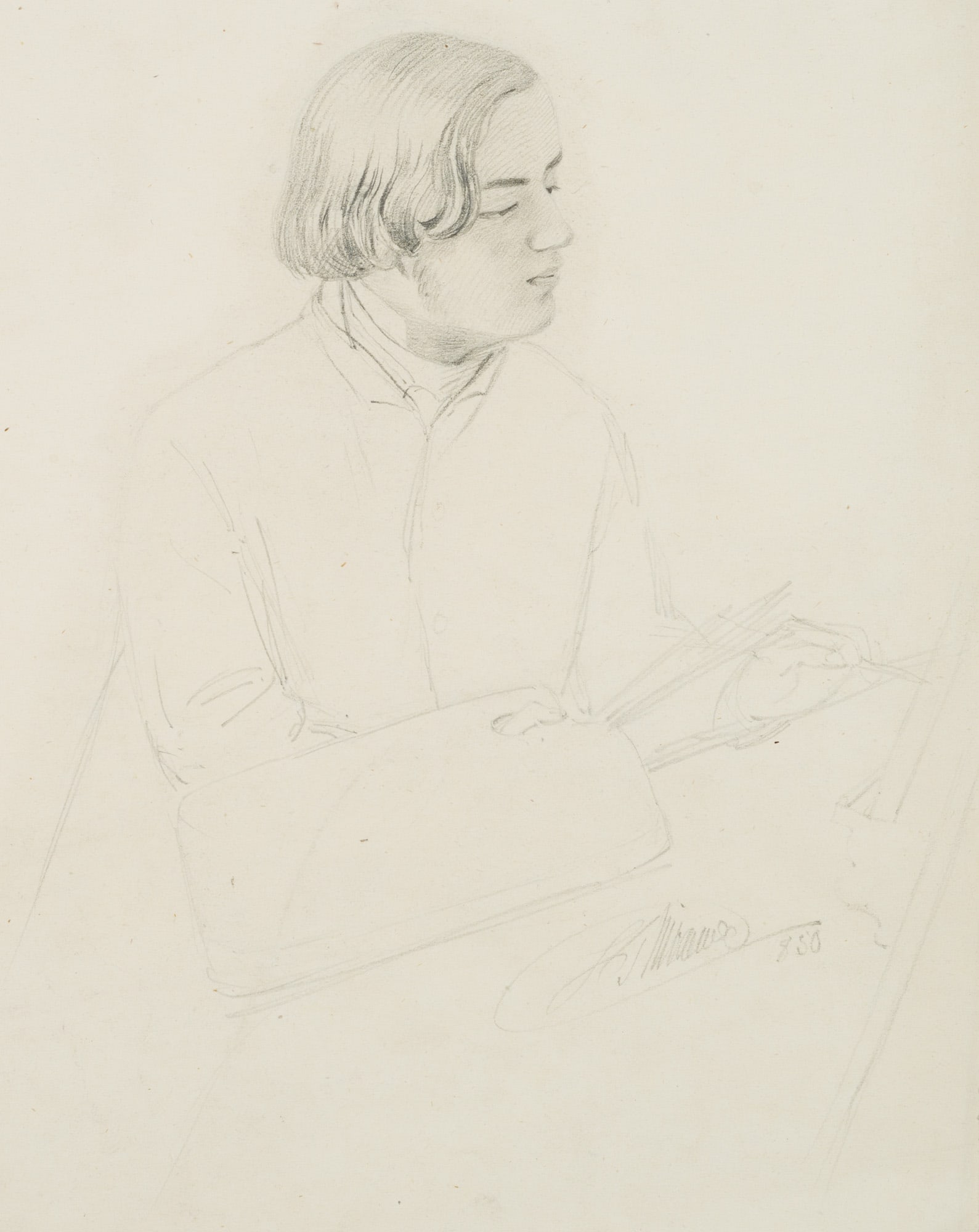 L. THIBEAUX (*1815), Portrait of a Painter, 1850, Pencil: L. Thibeaux (born 1815 ): Portrait of a Painter, 1850, Pencil Technique: Pencil on Paper Inscription: Signed and dated "L.Thibeaux 850" lower right in the depiction, verso inscribed "Thibeaux" in penc
