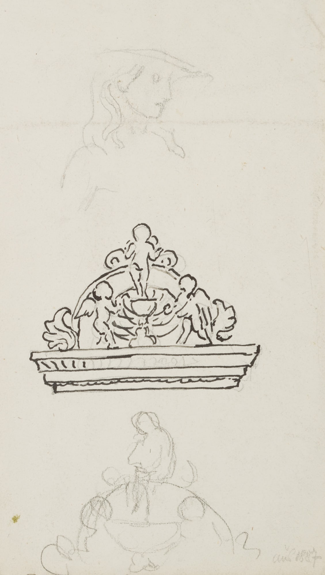 H. THOMA (1839-1924), Sketch of the cella and corbel, 1887, Pencil: Hans Thoma (1839 Bernau - 1924 Karlsruhe): Console design and portrait of Cella, 1887, Pencil Technique: Pencil and Indian ink on Paper Inscription: Lower right dated: "Aus 1887". Date: 1887 Descripti