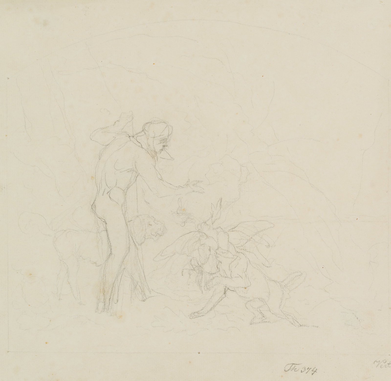 P. VEIT (1793-1877), Hunter with prey, Pencil: Philipp Veit (1793 Berlin - 1877 Mainz): Hunter with two hunting dogs and prey, 19th century, Pencil Technique: Pencil on Paper Stamp: Verso Collector's stamp, Lugt no.: 1159. Georg Hamminger (gest. 1