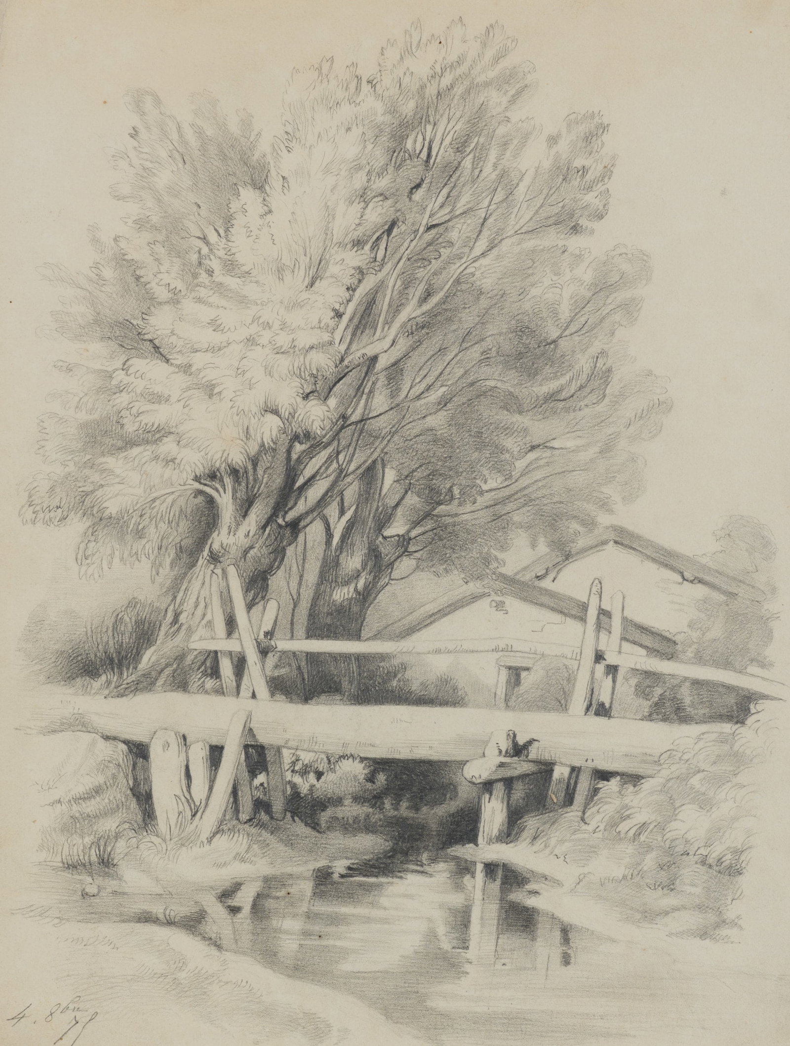 A. VIOLLET-LE-DUC (*1817), Bridge over a stream, Pencil: Adolphe Viollet-le-Duc (1817 Paris - 1878 ibid.): Bridge over stream Rural scene with bridge and stream, 19th century, Pencil Technique: Pencil on Paper Inscription: lower left dated: "4.8brie 78[?]".