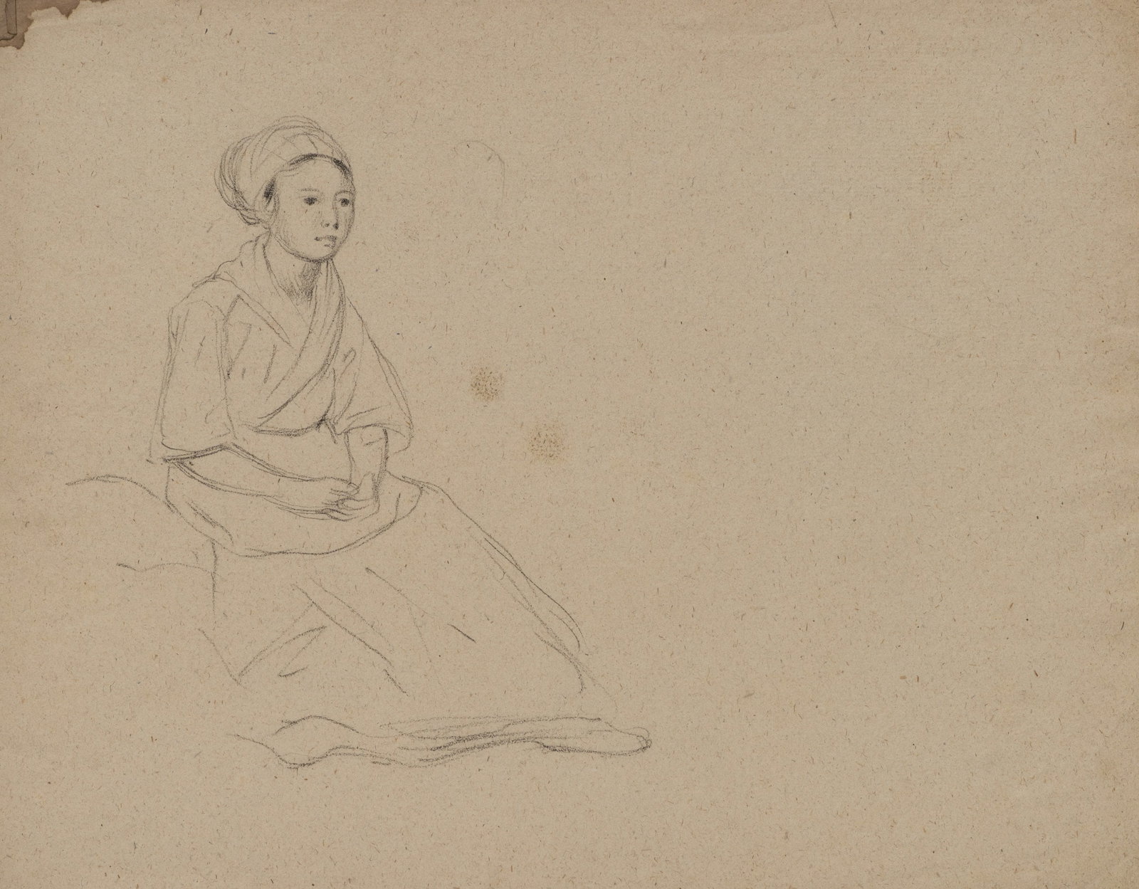 A. VIOLLET-LE-DUC (*1817), Seated woman, Pencil: Adolphe Viollet-le-Duc (1817 Paris - 1878 ibid.): Sitting woman Seated woman in rural dress with headdress, 19th century, Pencil Technique: Pencil on Paper Date: 19th century Description: The drawing 