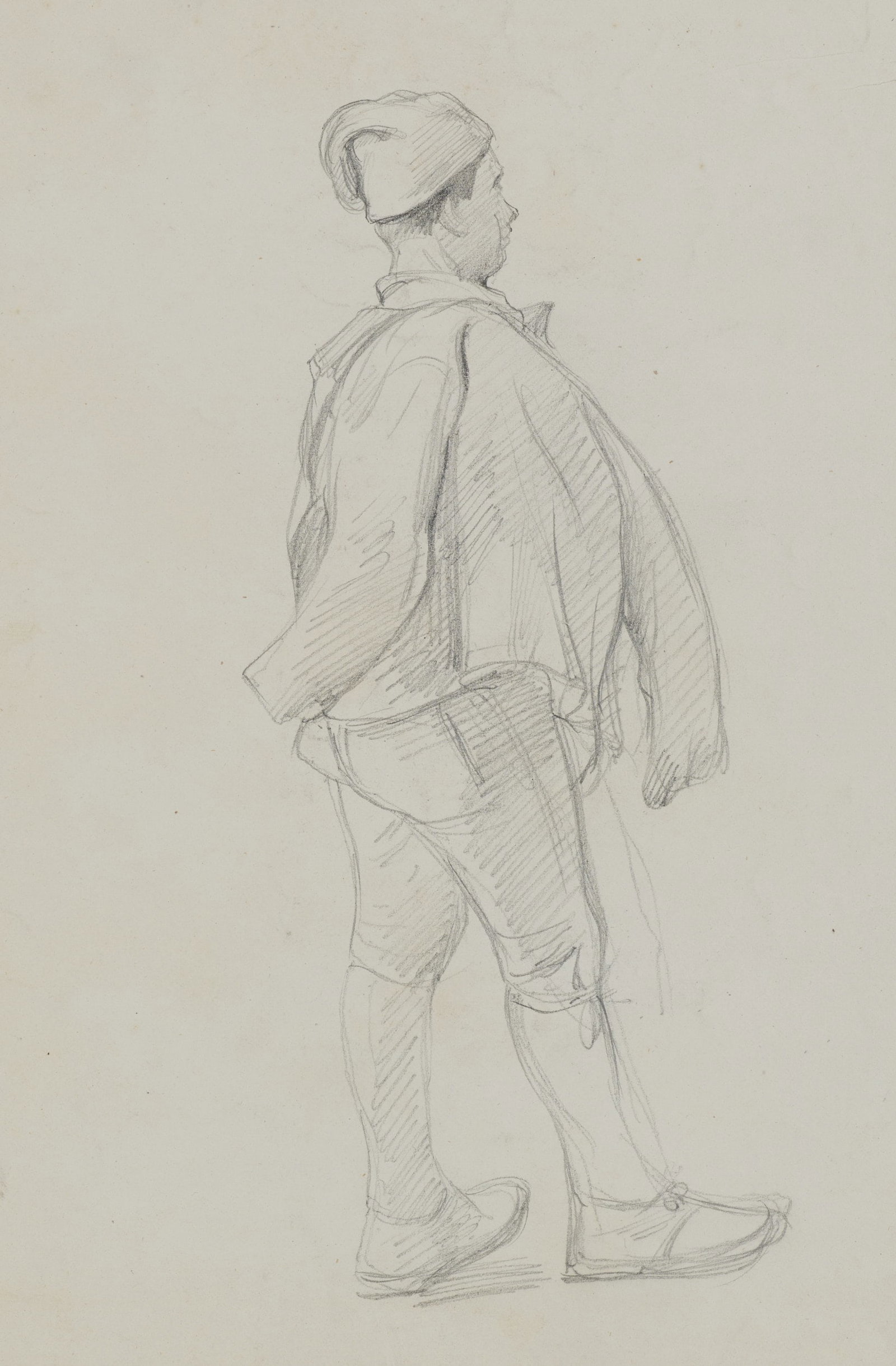A. VIOLLET-LE-DUC (*1817), Standing figure, Pencil: Adolphe Viollet-le-Duc (1817 Paris - 1878 ibid.): Standing figure Study of a standing male figure in rural clothing, 19th century, Pencil Technique: Pencil on Paper Date: 19th century Description: The