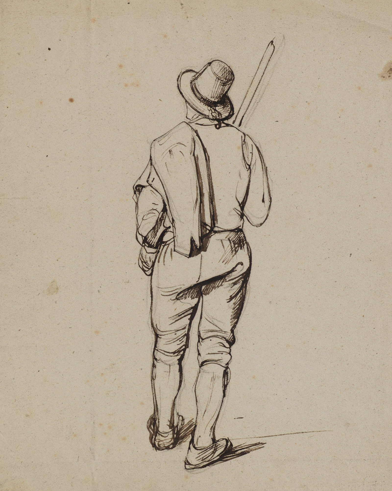 A. VIOLLET-LE-DUC (*1817), Man with a staff, Indian ink: Adolphe Viollet-le-Duc (1817 Paris - 1878 ibid.): Rear view of a shepherd with staff, 19th century, Indian ink Technique: Indian ink on Paper Date: 19th century Description: The drawing shows a rear v
