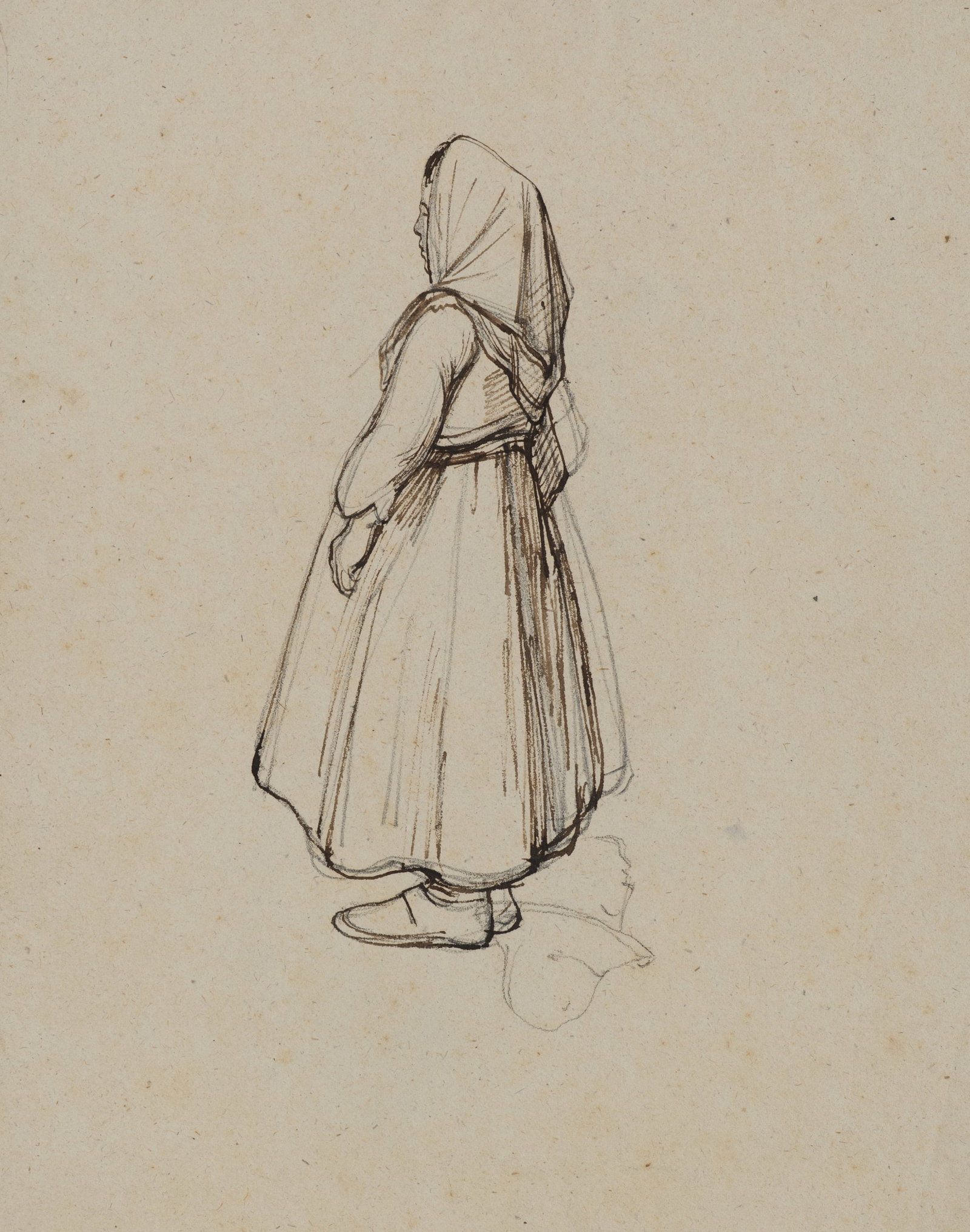 A. VIOLLET-LE-DUC (*1817), Woman in traditional dress, Indian ink: Adolphe Viollet-le-Duc (1817 Paris - 1878 ibid.): Woman in traditional costume in lost profile, 19th century, Indian ink Technique: Indian ink over Pencil on Paper Date: 19th century Description: The 