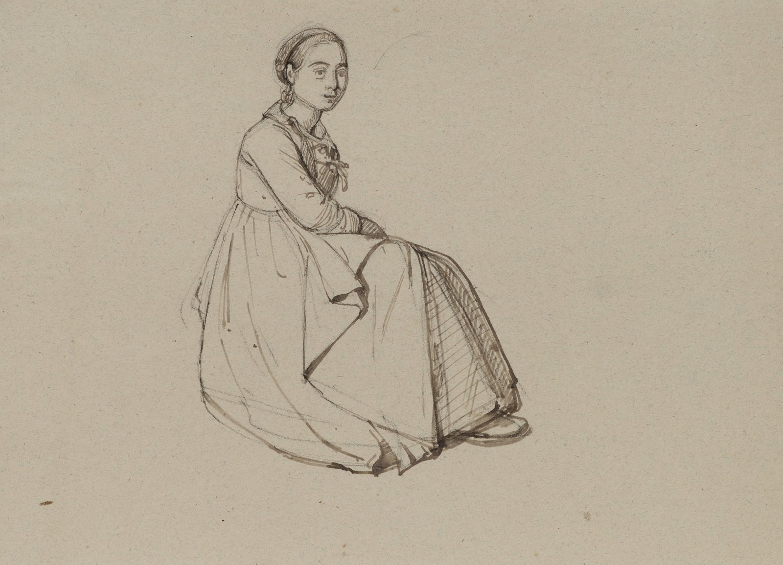 A. VIOLLET-LE-DUC (*1817), Seated woman, Indian ink: Adolphe Viollet-le-Duc (1817 Paris - 1878 ibid.): Sitting woman Sitting woman in rural dress, 19th century, Indian ink Technique: Indian ink over Charcoal on Paper Date: 19th century Description: The 
