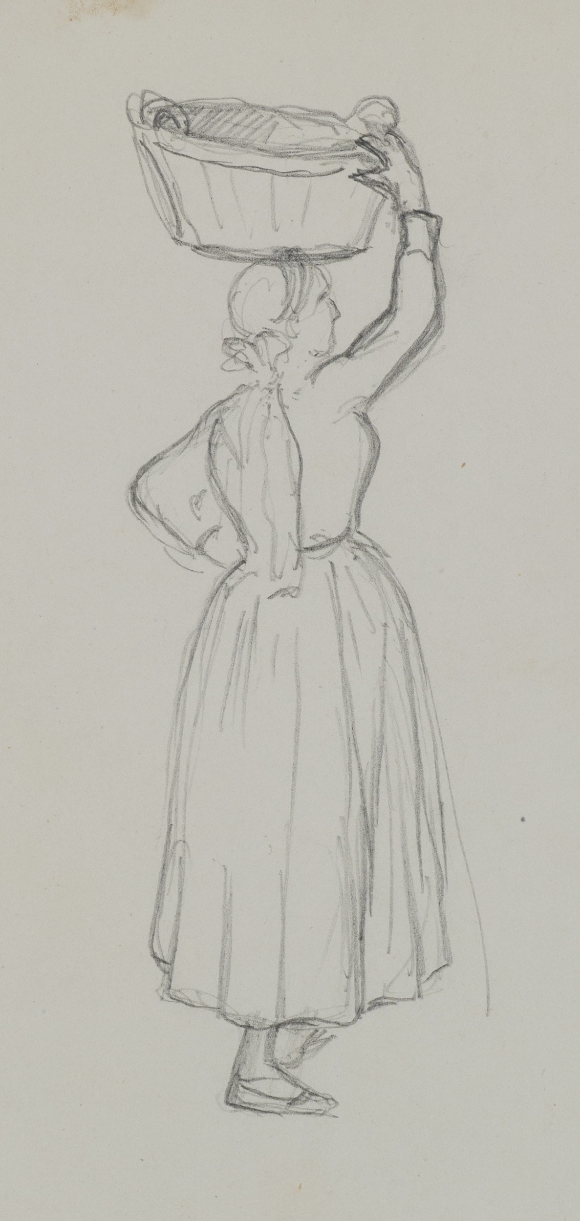 A. VIOLLET-LE-DUC (*1817), Woman with a basket, Pencil: Adolphe Viollet-le-Duc (1817 Paris - 1878 ibid.): Woman with basket Woman balances basket on her head, 19th century, Pencil Technique: Pencil on Paper Date: 19th century Description: The drawing shows