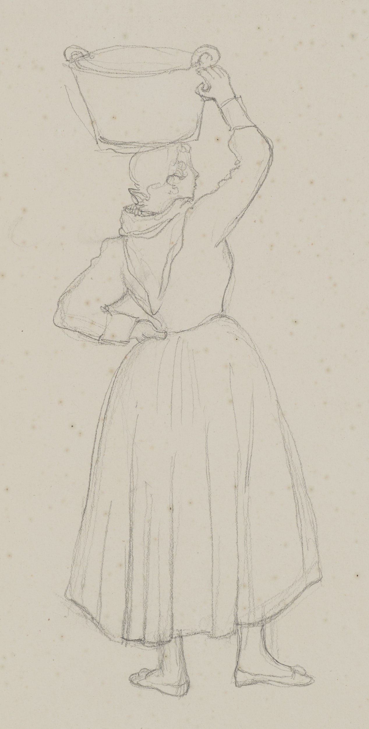 A. VIOLLET-LE-DUC (*1817), Woman with a jug, Pencil: Adolphe Viollet-le-Duc (1817 Paris - 1878 ibid.): Woman with jug Woman balancing jug on her head, 19th century, Pencil Technique: Pencil on Paper Date: 19th century Description: A woman in a long skir