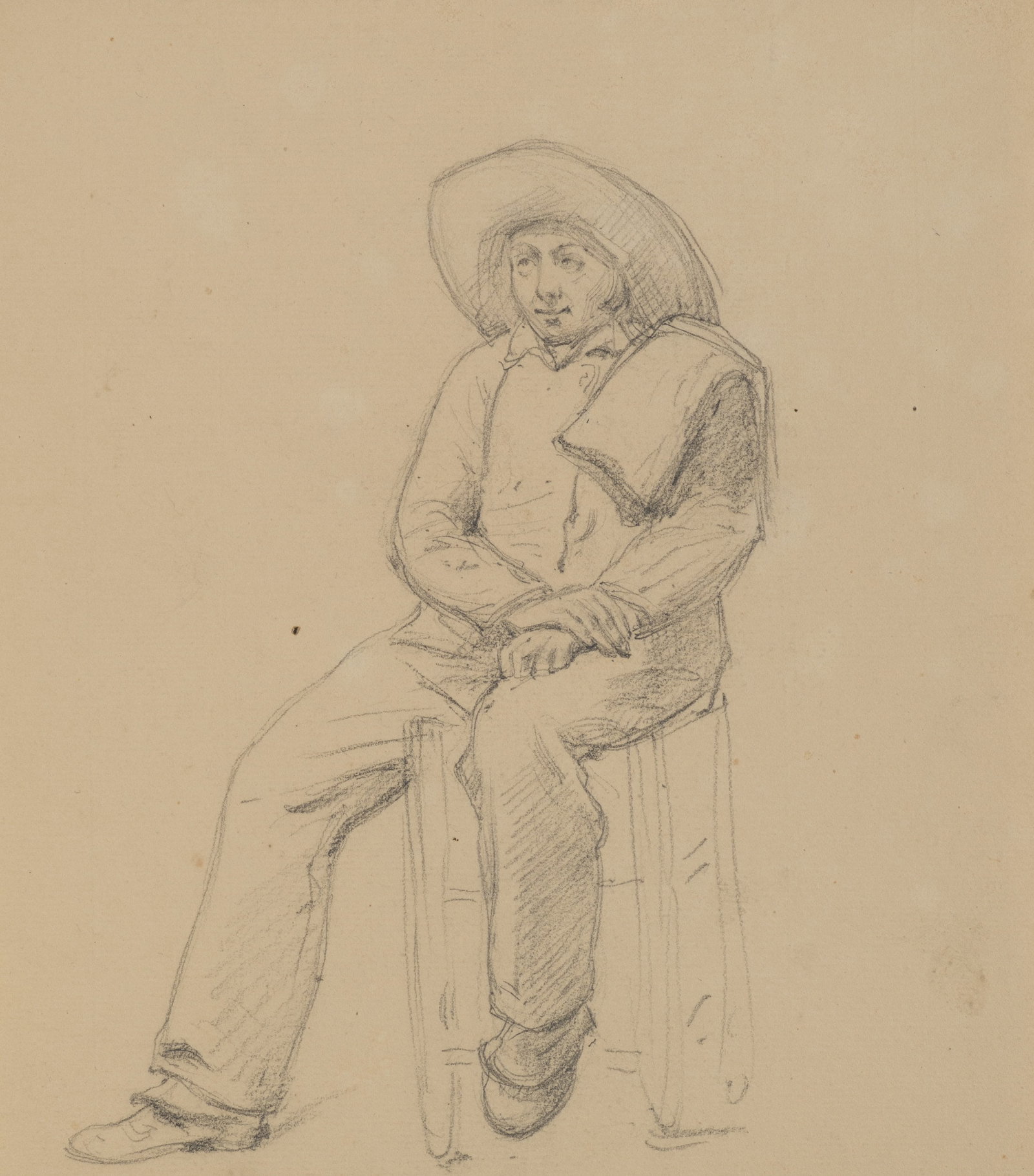 A. VIOLLET-LE-DUC (*1817), Seated man wearing a hat, Pencil (1 of 5)
