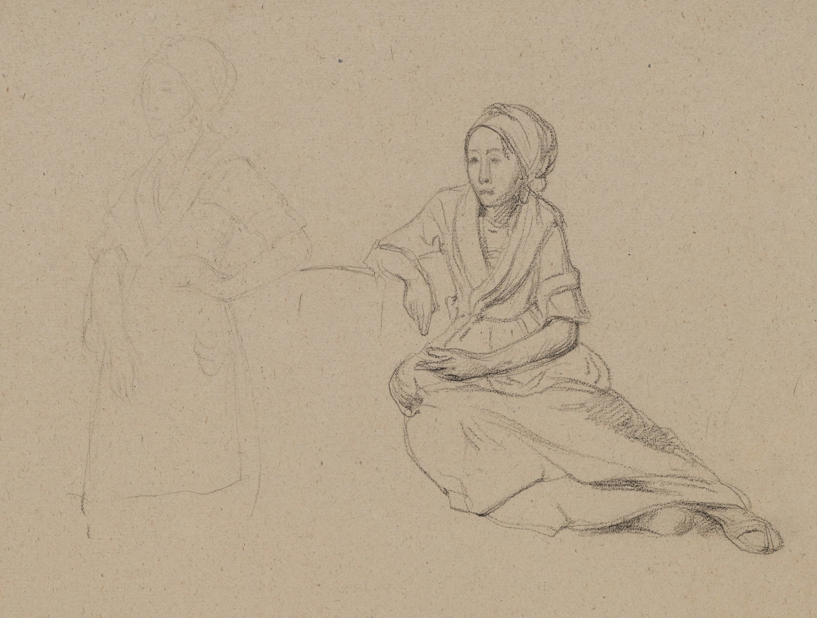A. VIOLLET-LE-DUC (*1817), Two female figures, Pencil: Adolphe Viollet-le-Duc (1817 Paris - 1878 ibid.): Two female figures Two female figures, one seated, one standing, 19th century, Pencil Technique: Pencil on Paper Date: 19th century Description: The d
