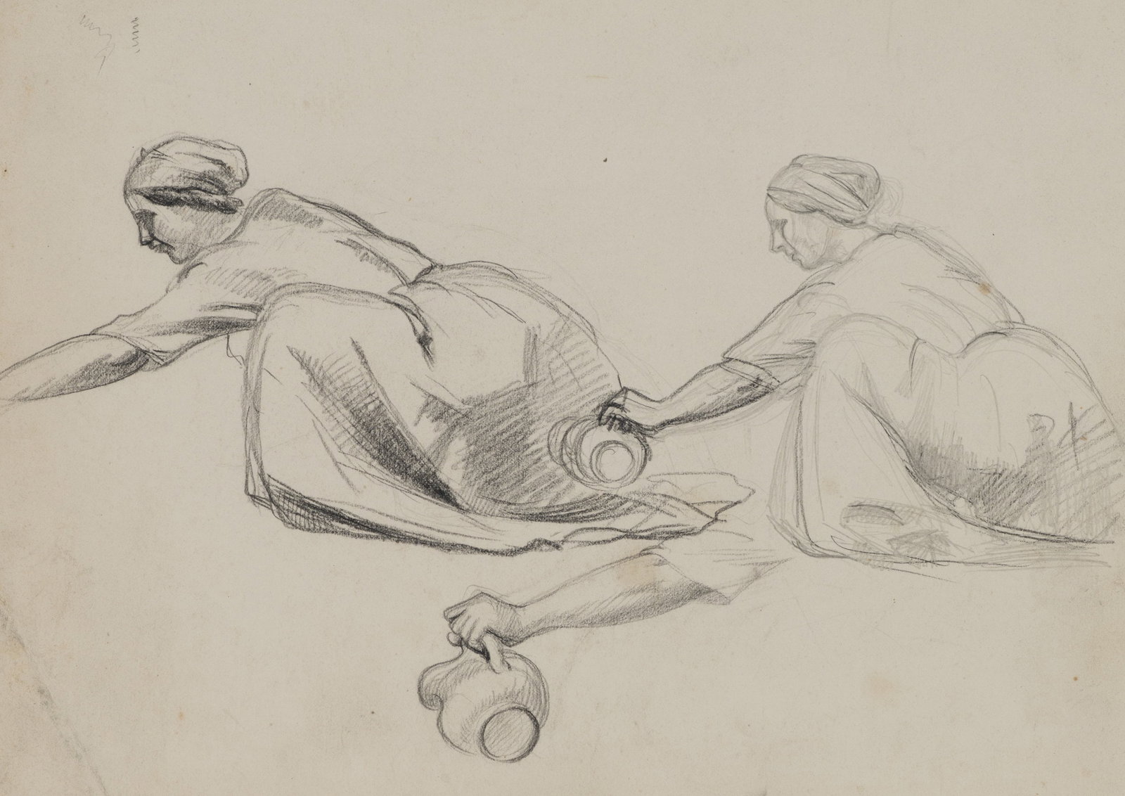 A. VIOLLET-LE-DUC (*1817), Woman pouring a drink. Study of movement, Pencil: Adolphe Viollet-le-Duc (1817 Paris - 1878 ibid.): Woman pouring Movement study with two views of the same kneeling woman with jug, 19th century, Pencil Technique: Pencil on Paper Date: 19th century De