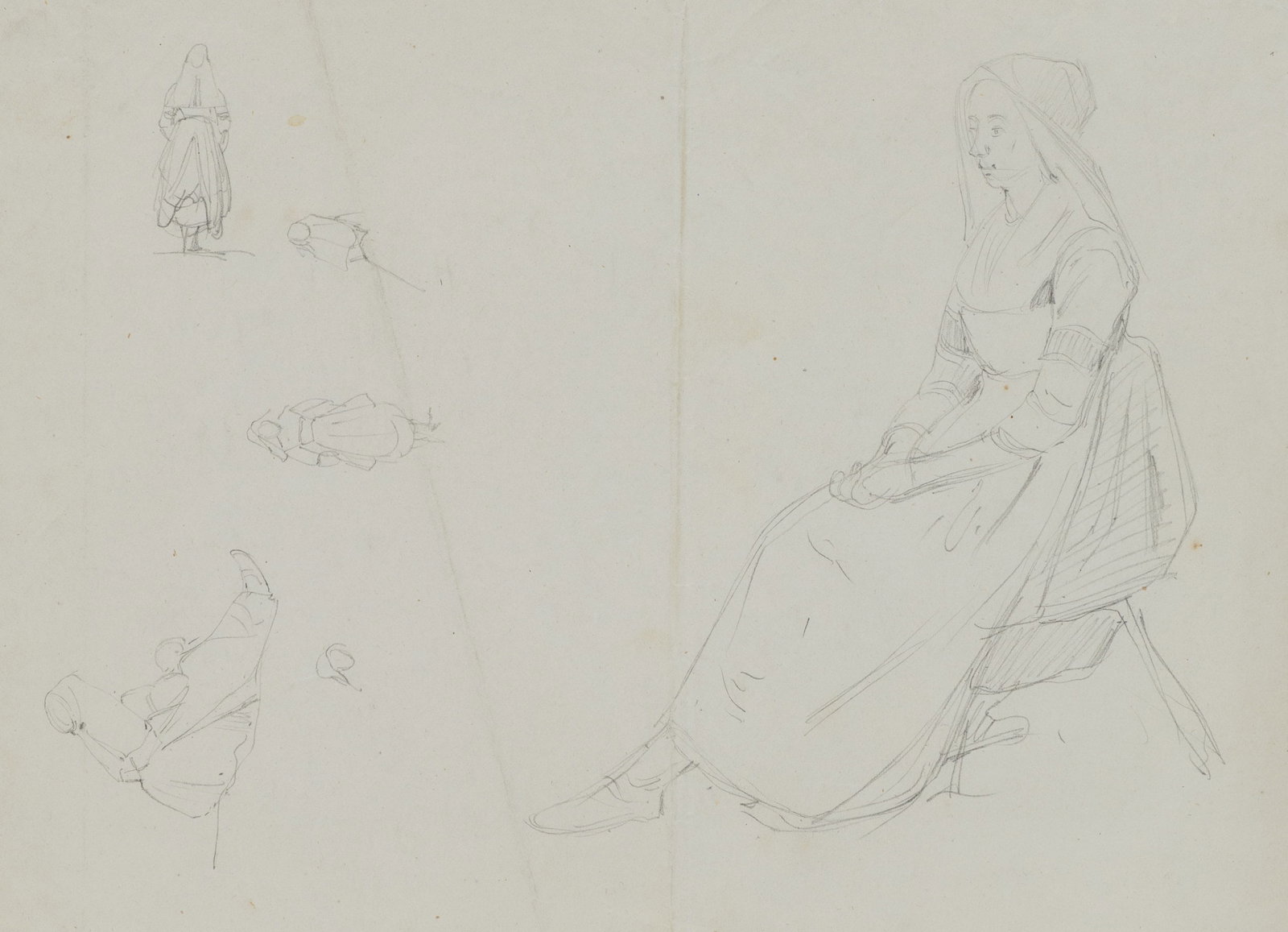 A. VIOLLET-LE-DUC (*1817), Sketch of a seated woman, Pencil: Adolphe Viollet-le-Duc (1817 Paris - 1878 ibid.): Seated sketch of a woman Study of a seated woman with sketches, 19th century, Pencil Technique: Pencil on Paper Date: 19th century Description: The dr