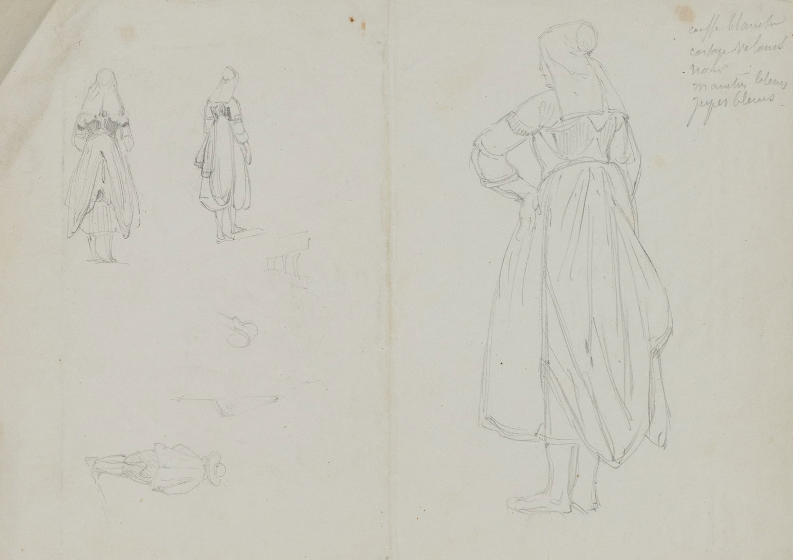 A. VIOLLET-LE-DUC (*1817), Character sketches, Pencil: Adolphe Viollet-le-Duc (1817 Paris - 1878 ibid.): Sketches of figures in rural dress Preliminary studies with colour notes, 19th century, Pencil Technique: Pencil on Paper Date: 19th century Descripti