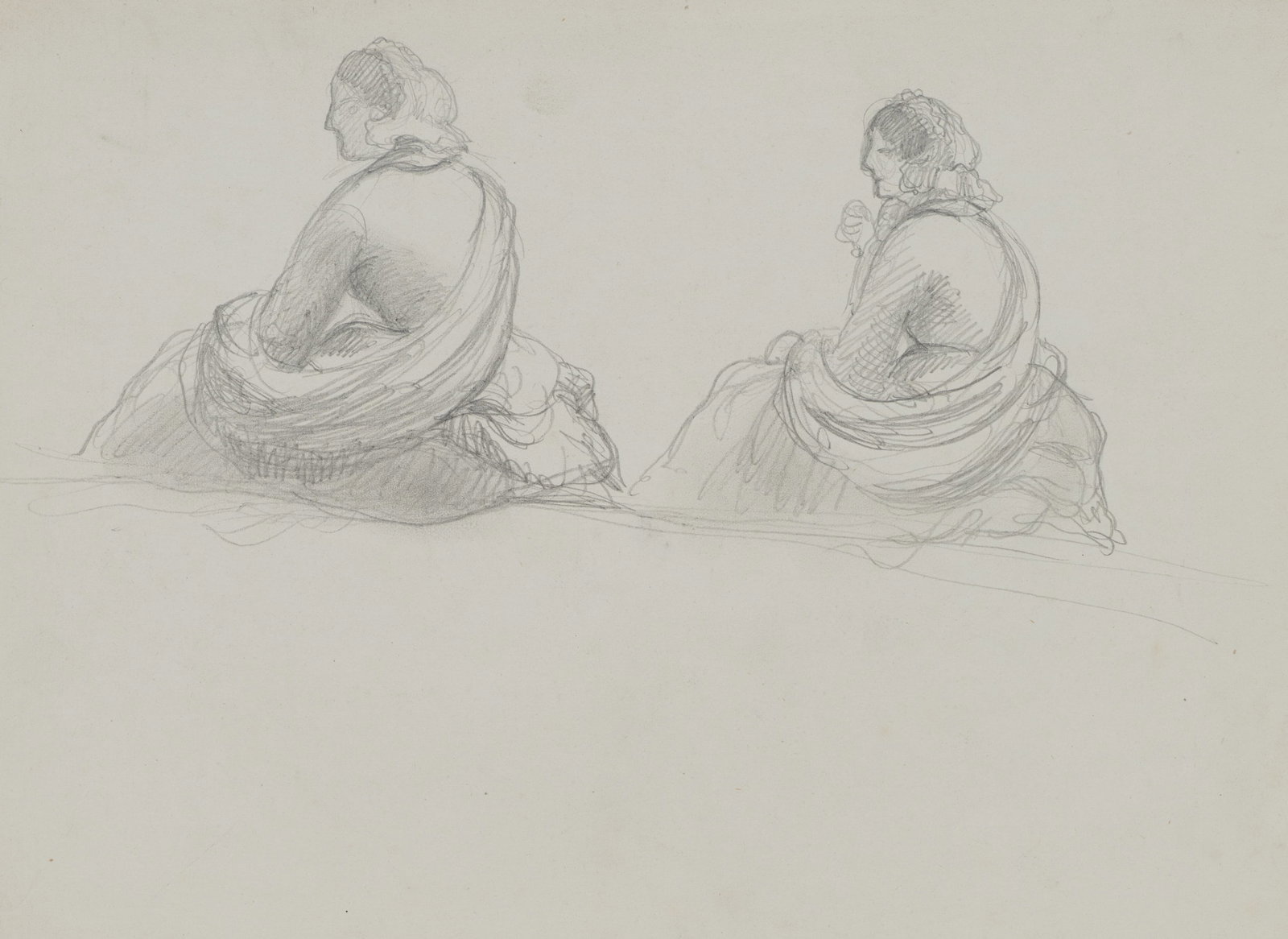 A. VIOLLET-LE-DUC (*1817), Seated woman. Figure study, Pencil: Adolphe Viollet-le-Duc (1817 Paris - 1878 ibid.): Seated woman Figure study with repetition of the pose, 19th century, Pencil Technique: Pencil on Paper Date: 19th century Description: The drawing sho