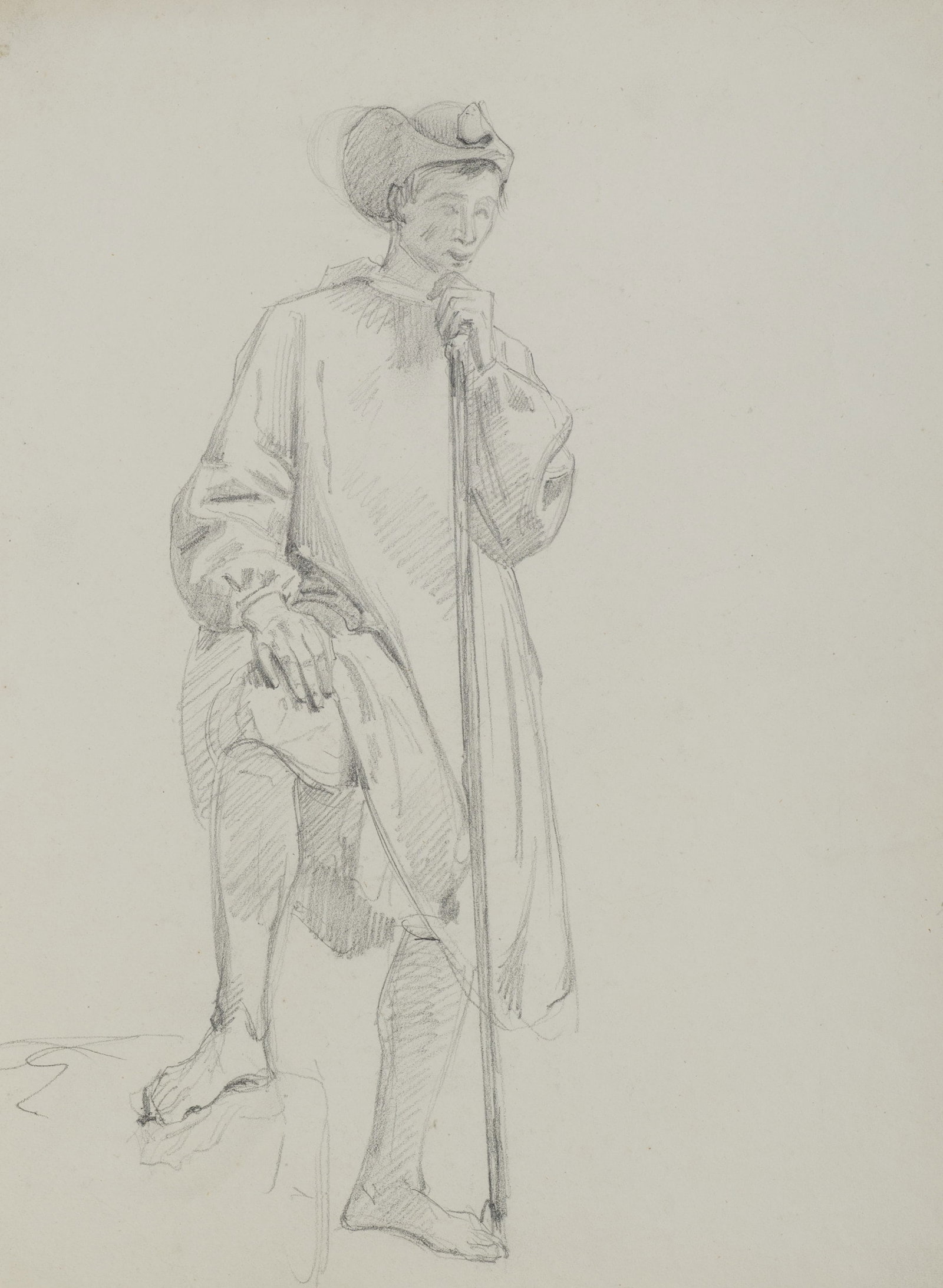 A. VIOLLET-LE-DUC (*1817), Standing figure with a staff, Pencil: Adolphe Viollet-le-Duc (1817 Paris - 1878 ibid.): Standing figure with staff Figure in loose robe with staff and hat, 19th century, Pencil Technique: Pencil on Paper Date: 19th century Description: Th