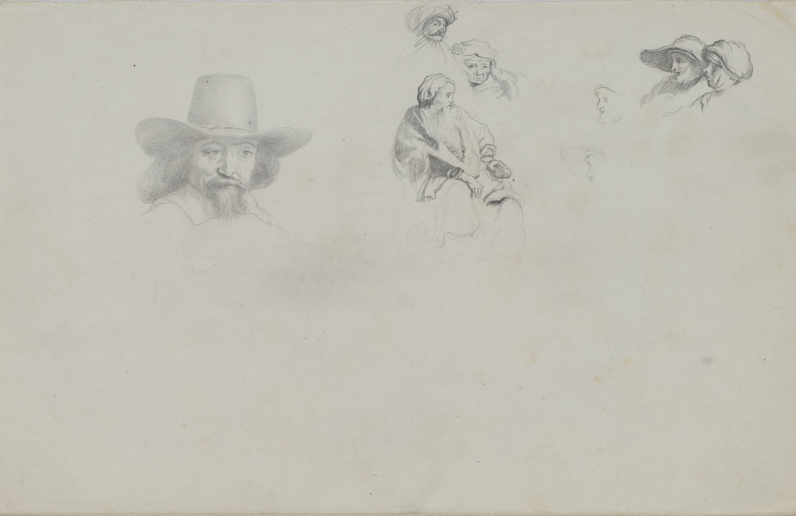 A. VIOLLET-LE-DUC (*1817), Figure studies with hats, Pencil: Adolphe Viollet-le-Duc (1817 Paris - 1878 ibid.): Figure studies with hats Study sheet with various figures and hats, 19th century, Pencil Technique: Pencil on Paper Date: 19th century Description: On