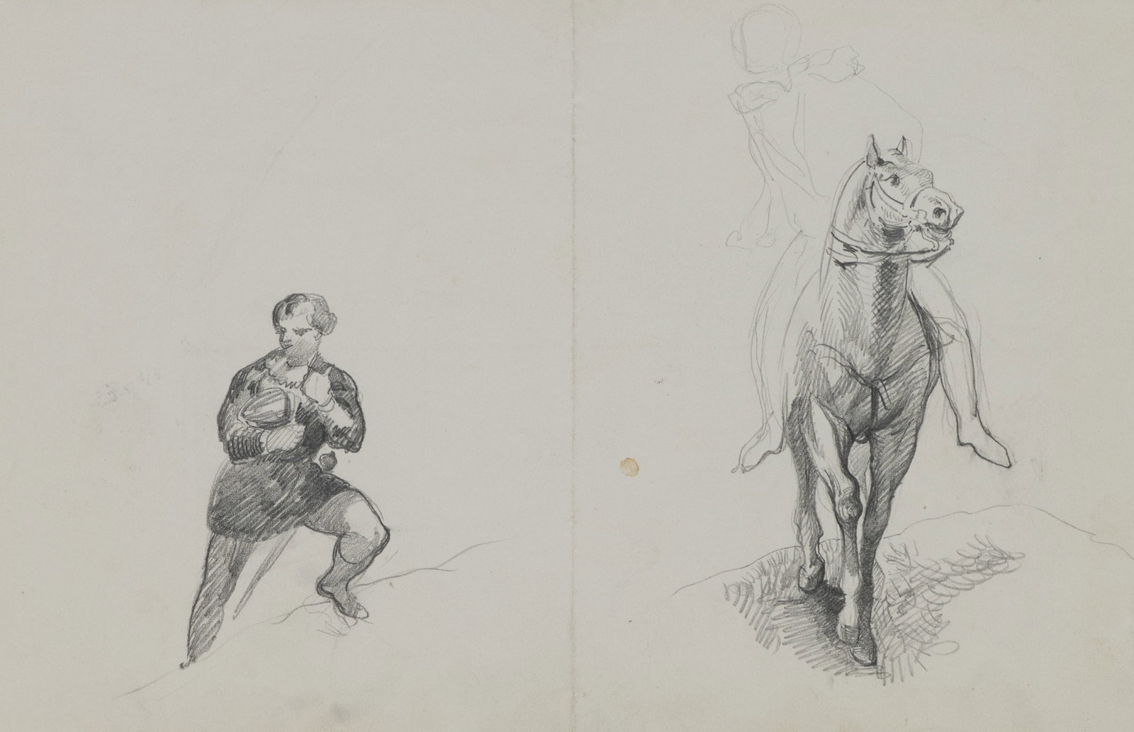 A. VIOLLET-LE-DUC (*1817), Figure and Horse, Pencil: Adolphe Viollet-le-Duc (1817 Paris - 1878 ibid.): Figure and horse Study of a figure and a horse, 19th century, Pencil Technique: Pencil on Paper Date: 19th century Description: The drawing shows two 