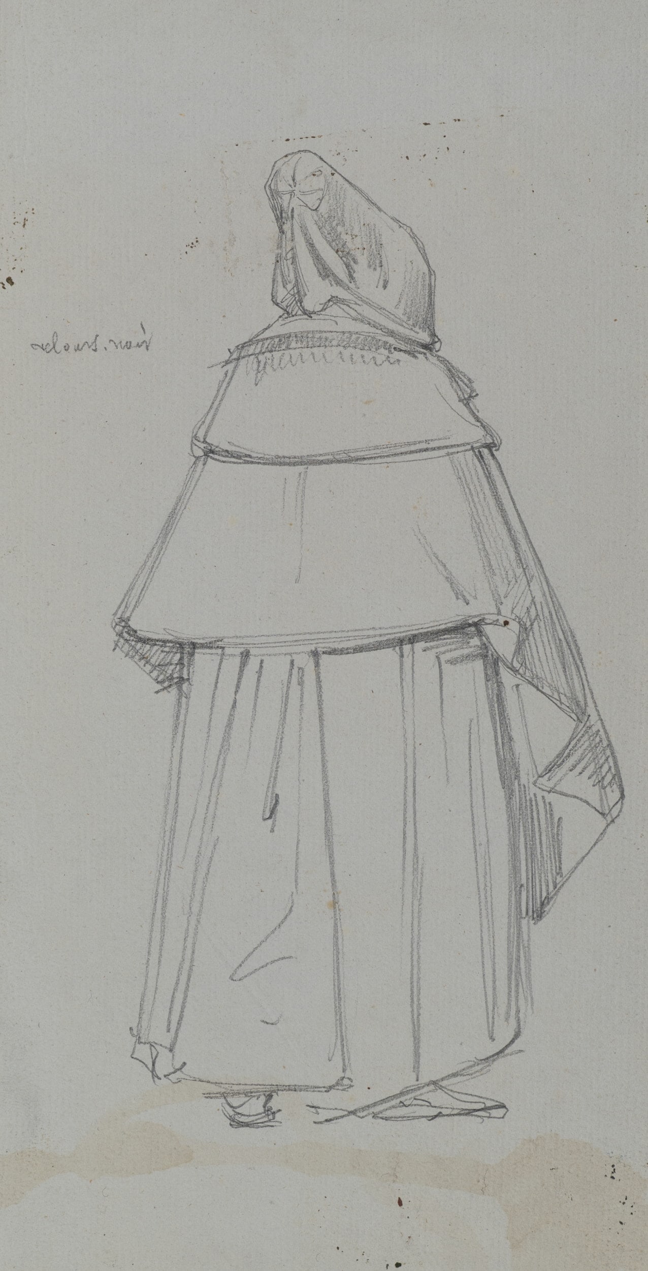 A. VIOLLET-LE-DUC (*1817), Standing figure in a robe, Pencil: Adolphe Viollet-le-Duc (1817 Paris - 1878 ibid.): Standing figure in robe Sketch of a standing figure in a multi-layered robe with a high bonnet, 19th century, Pencil Technique: Pencil on Paper Date: 