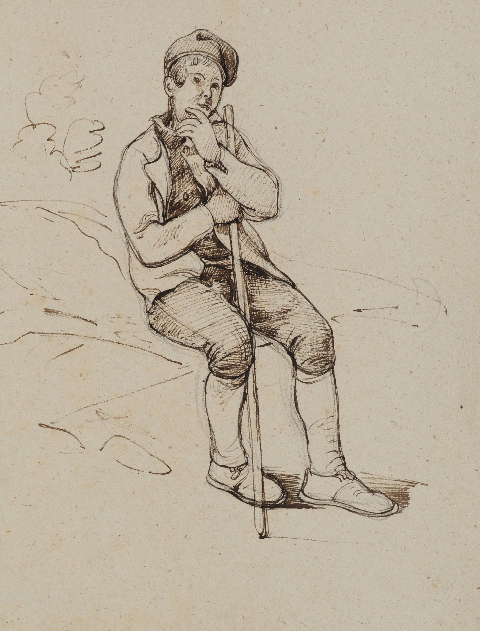 A. VIOLLET-LE-DUC (*1817), Young man on a rock, Indian ink: Adolphe Viollet-le-Duc (1817 Paris - 1878 ibid.): Young man on a rock Young shepherd with stick sitting on a rock, 19th century, Indian ink Technique: Indian ink on Paper Date: 19th century Descriptio